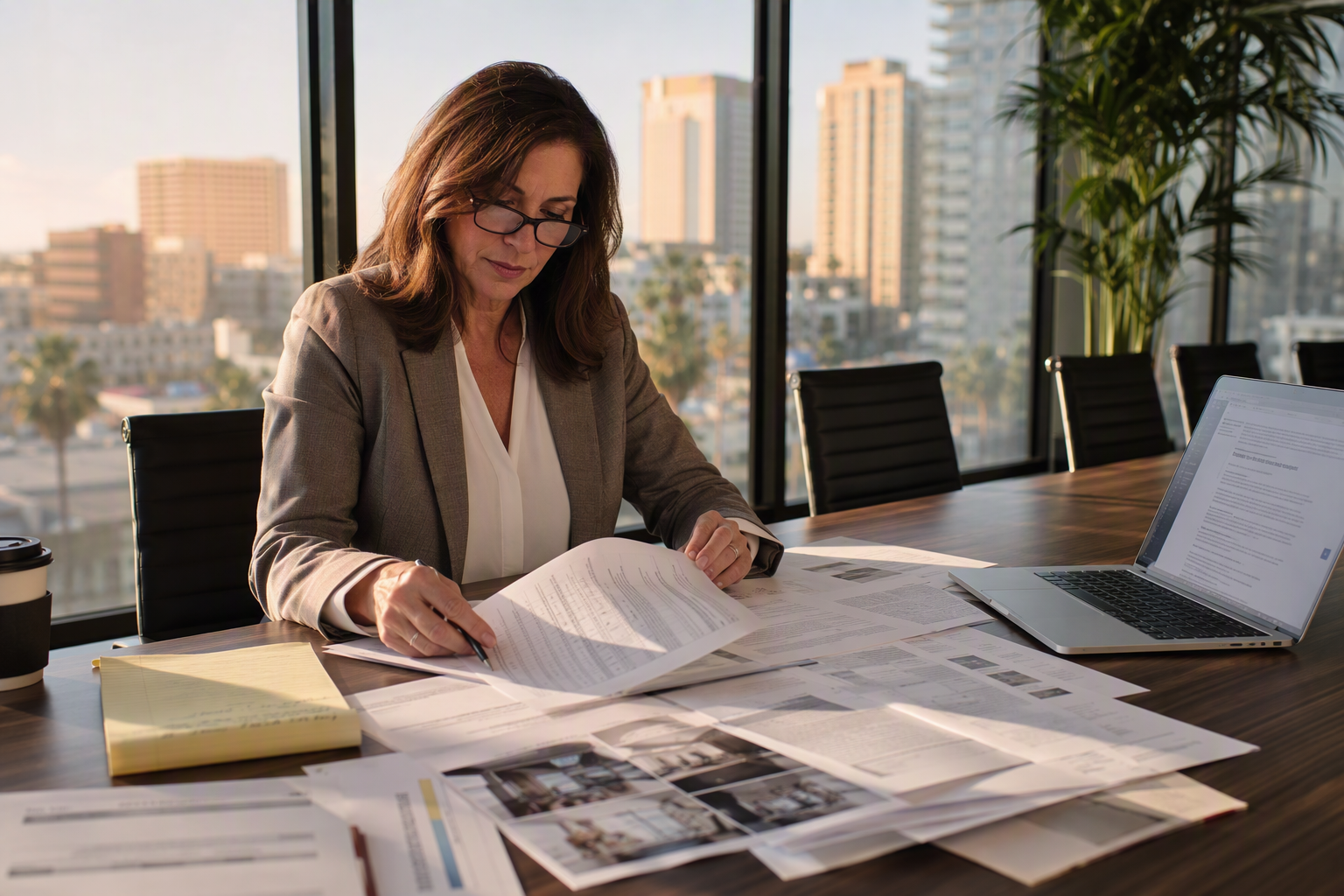 Commercial building manager reviewing elevator modernization tax deduction and depreciation documents in a Southern California office, with upgrade proposals spread on a conference table.