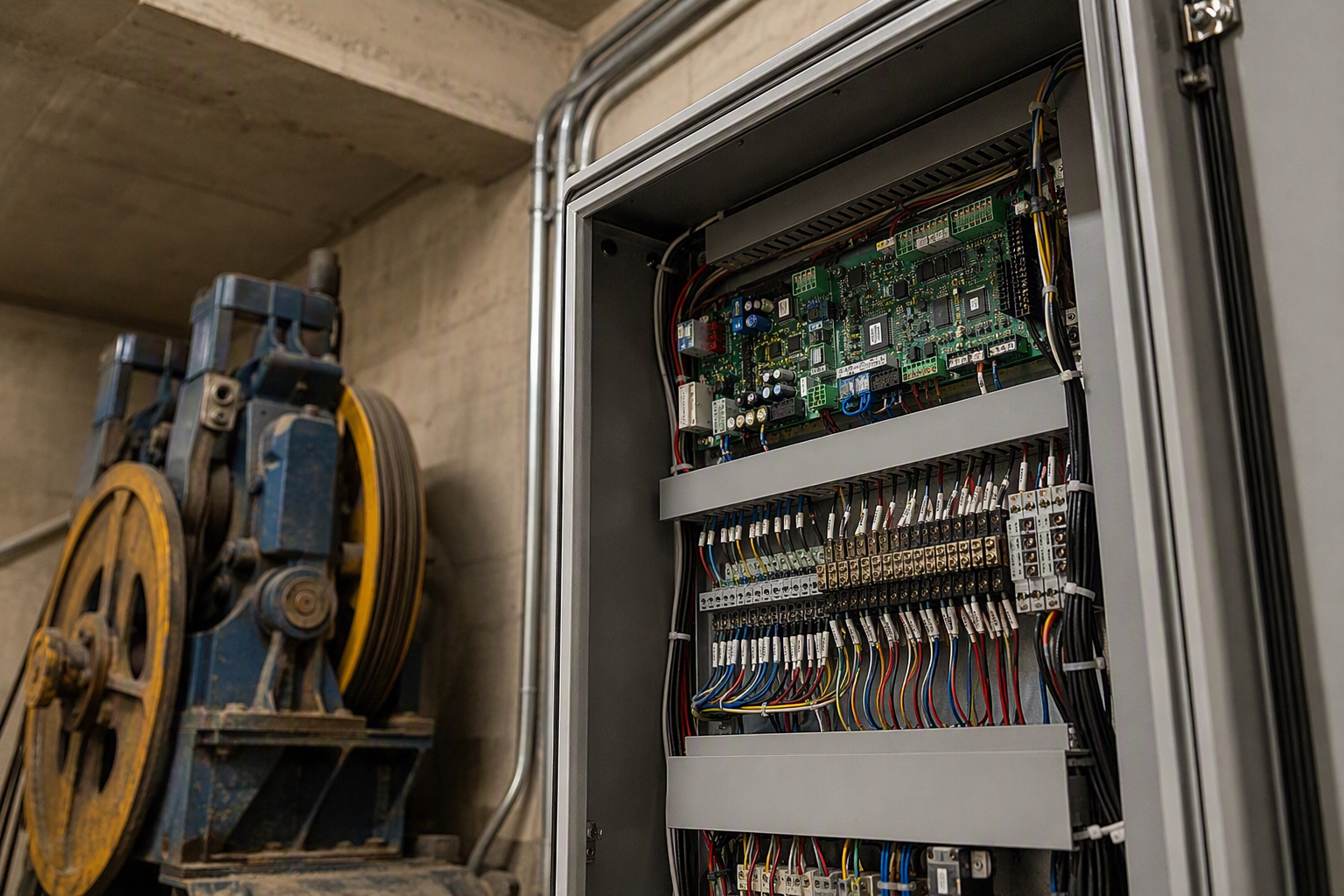 New microprocessor elevator controller cabinet installed in a machine room during an elevator modernization project in Orange County or Los Angeles, showing circuit boards and terminal wiring.