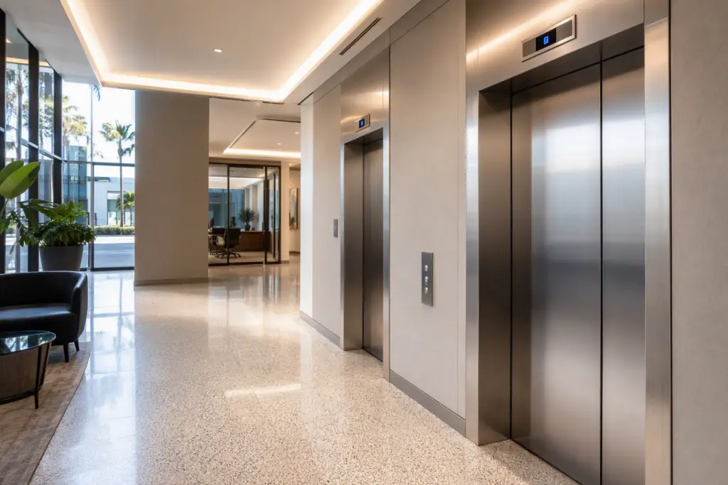 Modernized elevator lobby in a Los Angeles mid-rise commercial building showing stainless-steel cab doors, LED hall lanterns, and updated floor indicators after a full elevator modernization project.