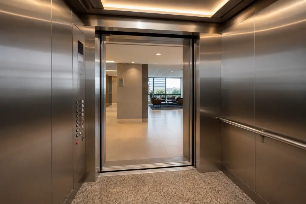 Modernized elevator cab interior with stainless steel panels, LED lighting, and ADA-compliant controls inside a Los Angeles commercial building after a full elevator modernization project.
