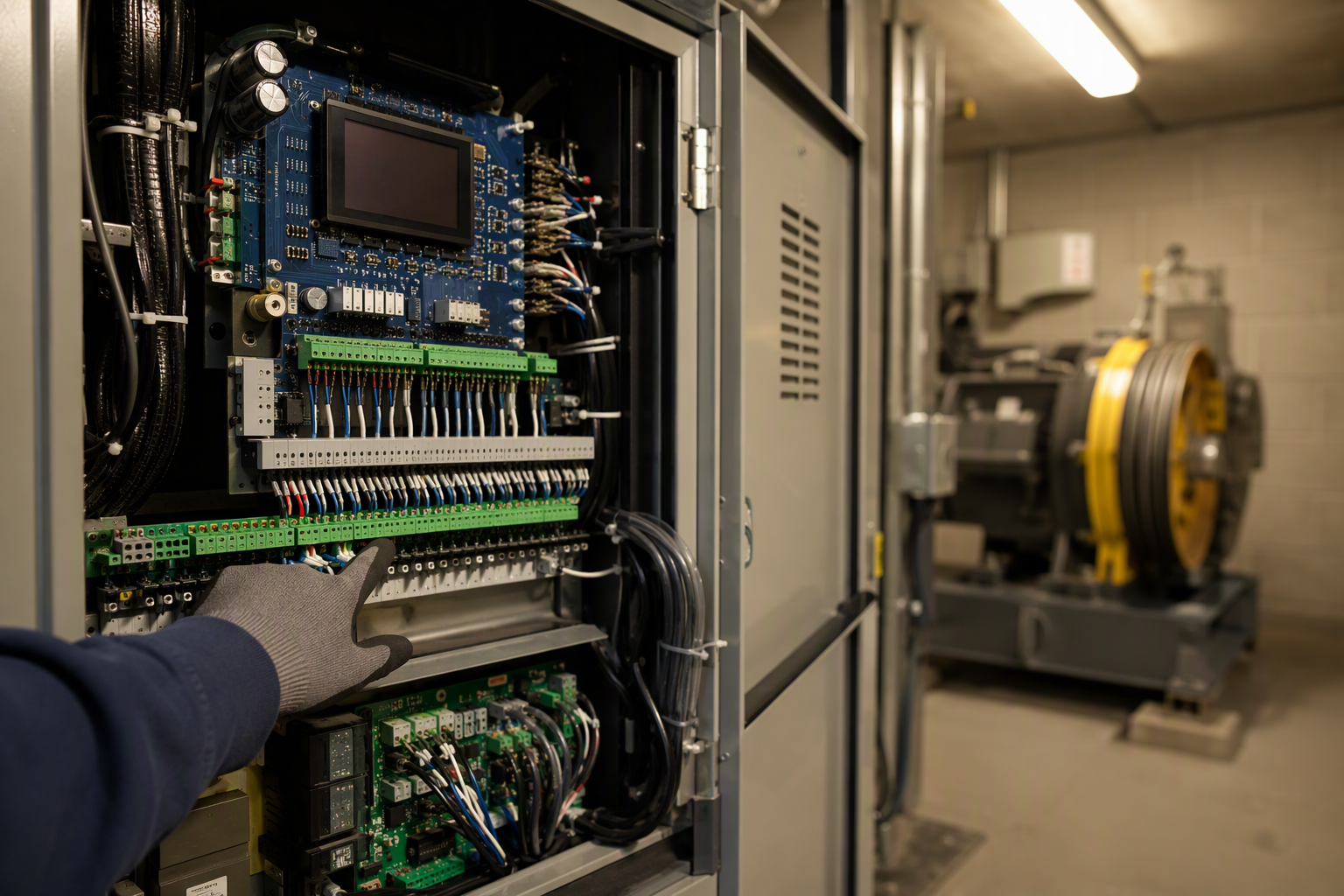 Open elevator controller cabinet in a machine room showing microprocessor-based control system components, representing a key element of elevator modernization cost and scope in Los Angeles and Orange