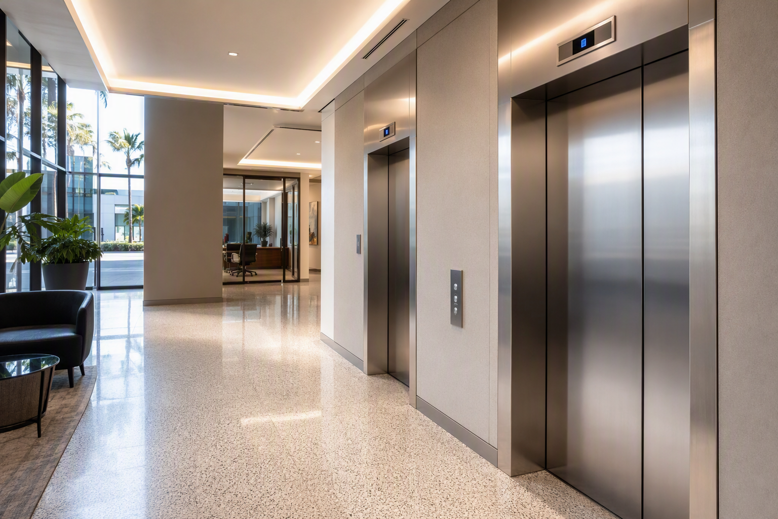 Modernized elevator lobby in a Los Angeles mid-rise commercial building showing stainless-steel cab doors, LED hall lanterns, and updated floor indicators after a full elevator modernization project.
