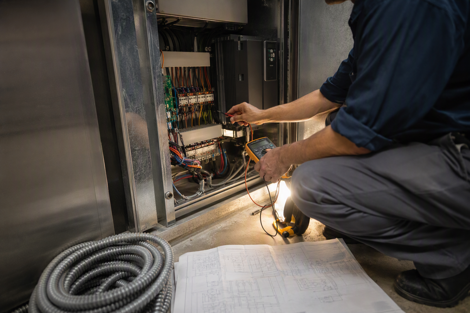 Elevator mechanic wiring a new variable-frequency drive controller in a commercial building machine room during a full traction elevator modernization project in Los Angeles CA.