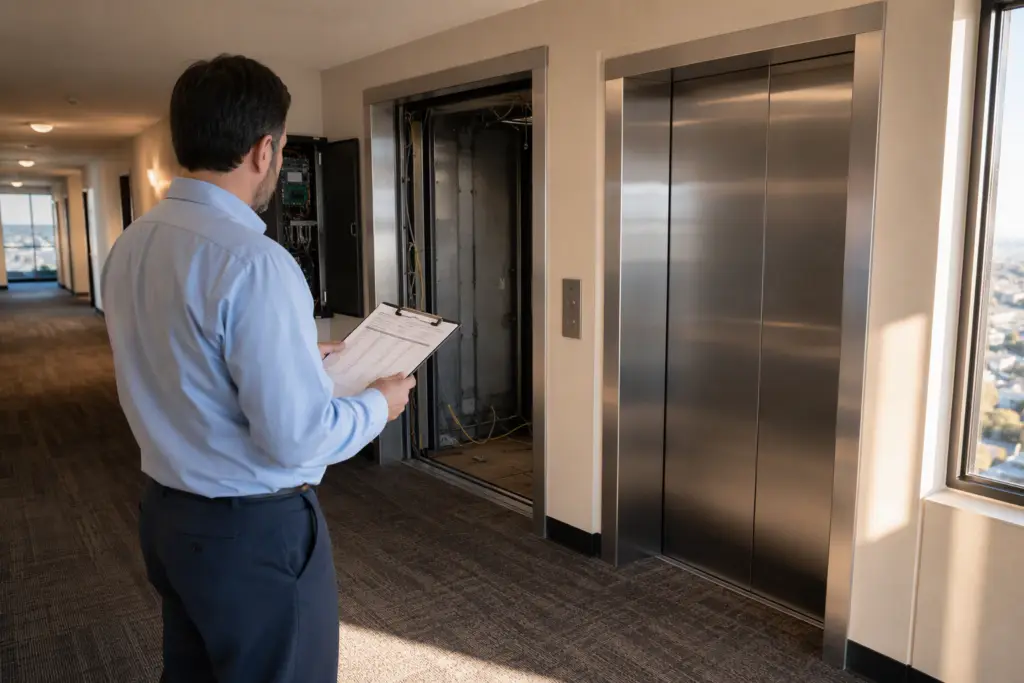 Building manager reviewing elevator modernization project schedule in a Long Beach apartment corridor, one elevator out of service and one active during phased modernization work.