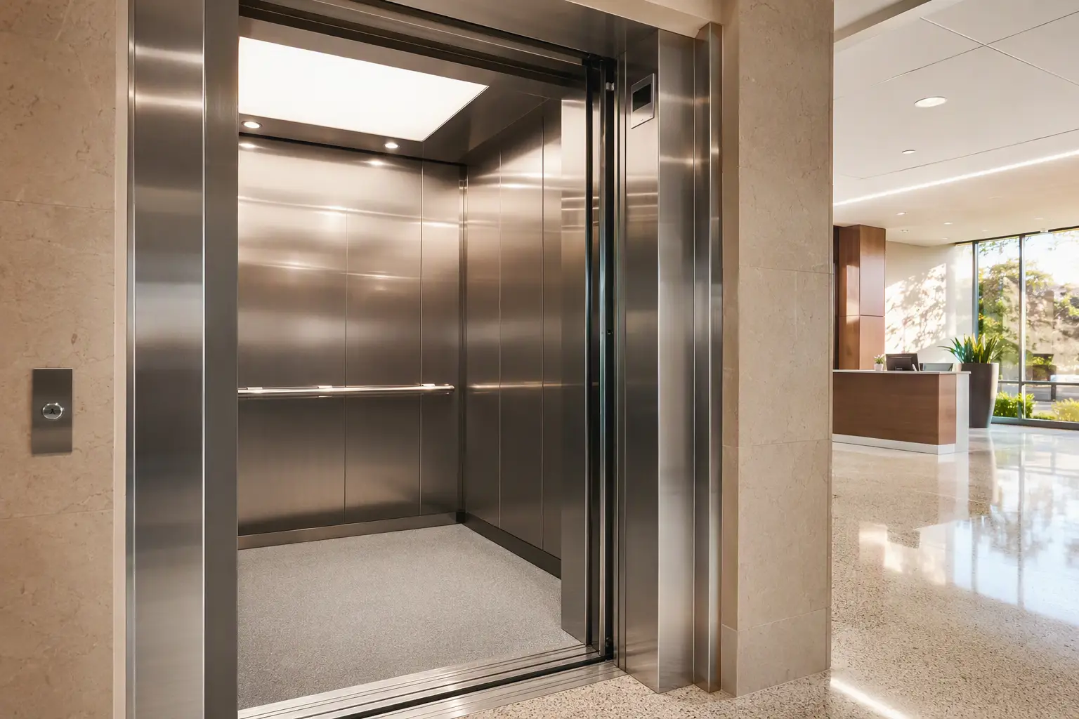 Modernized elevator cab interior with LED lighting, ADA-compliant fixtures, and stainless-steel finishes in an Orange County commercial office building after a completed modernization project.