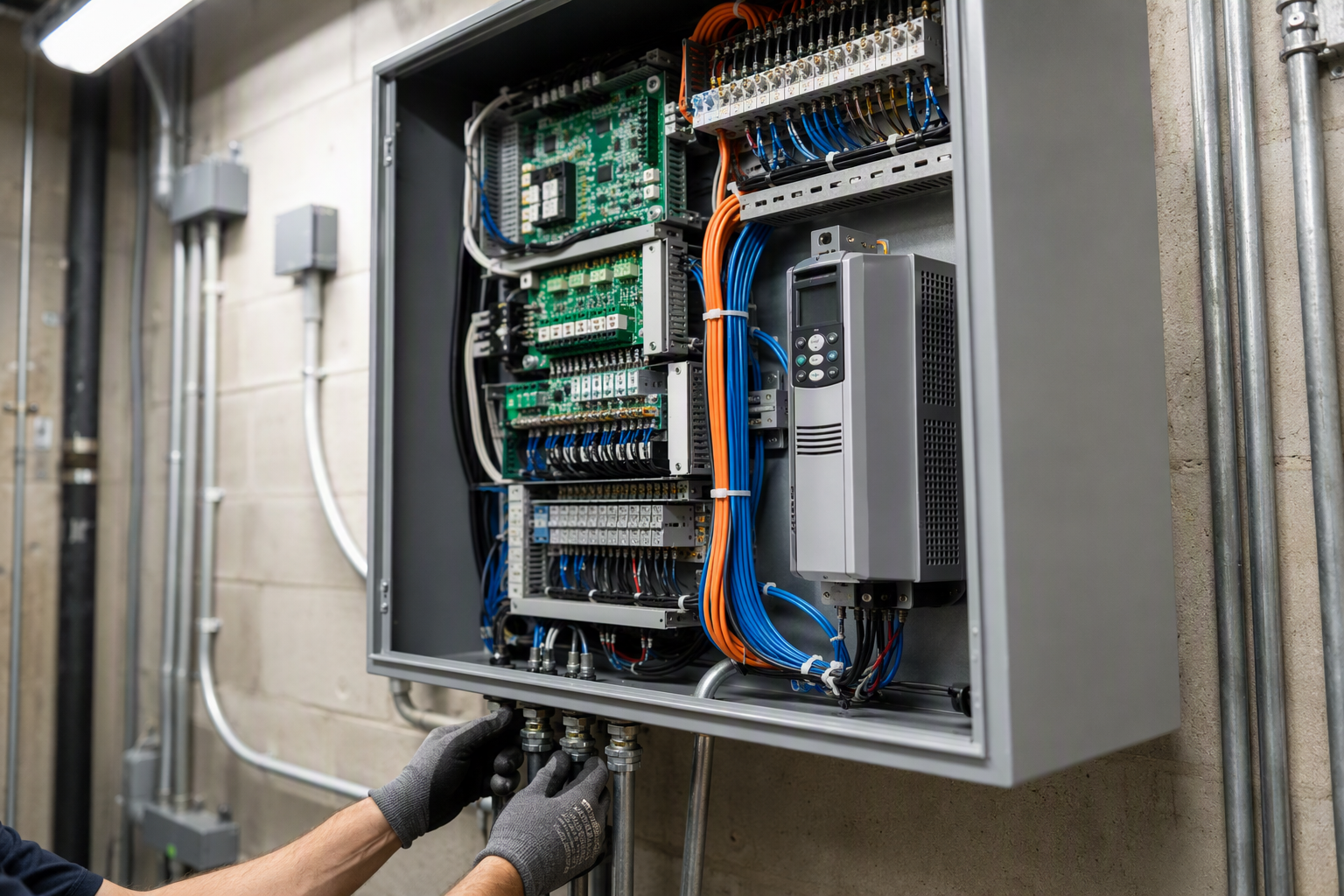 Newly installed elevator controller and variable-frequency drive inside a machine room during a modernization project, showing the key equipment replaced to extend elevator service life.