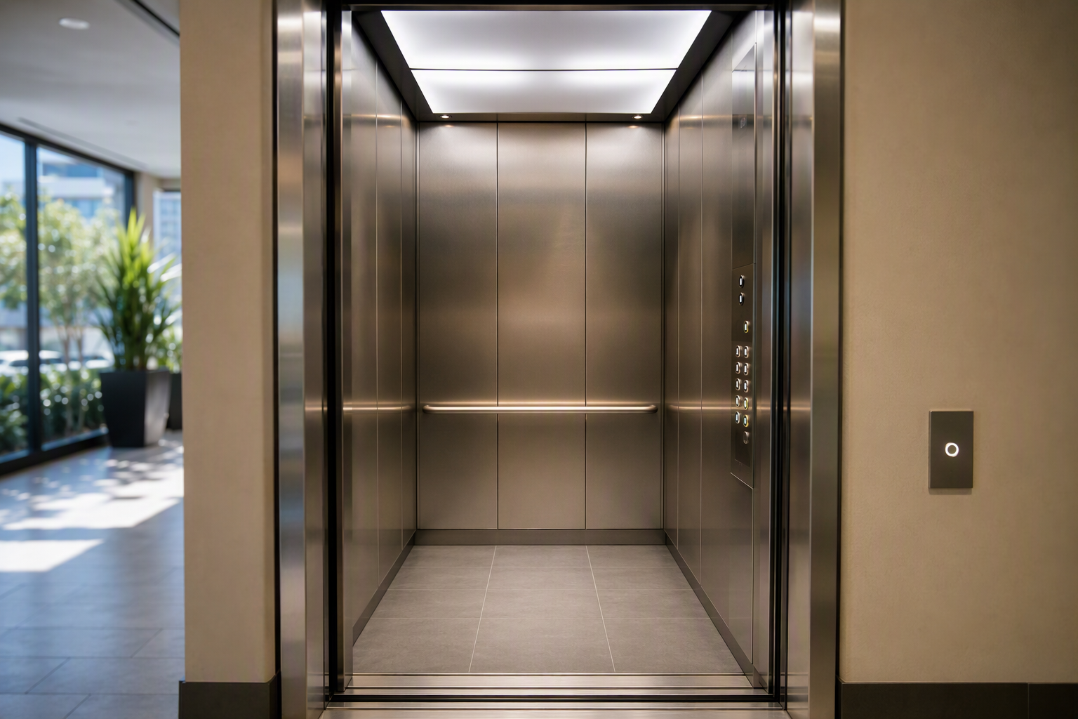 Completed elevator cab interior after modernization in a Los Angeles area office building, showing new stainless steel panels, LED lighting, updated fixture panel, and porcelain tile floor.