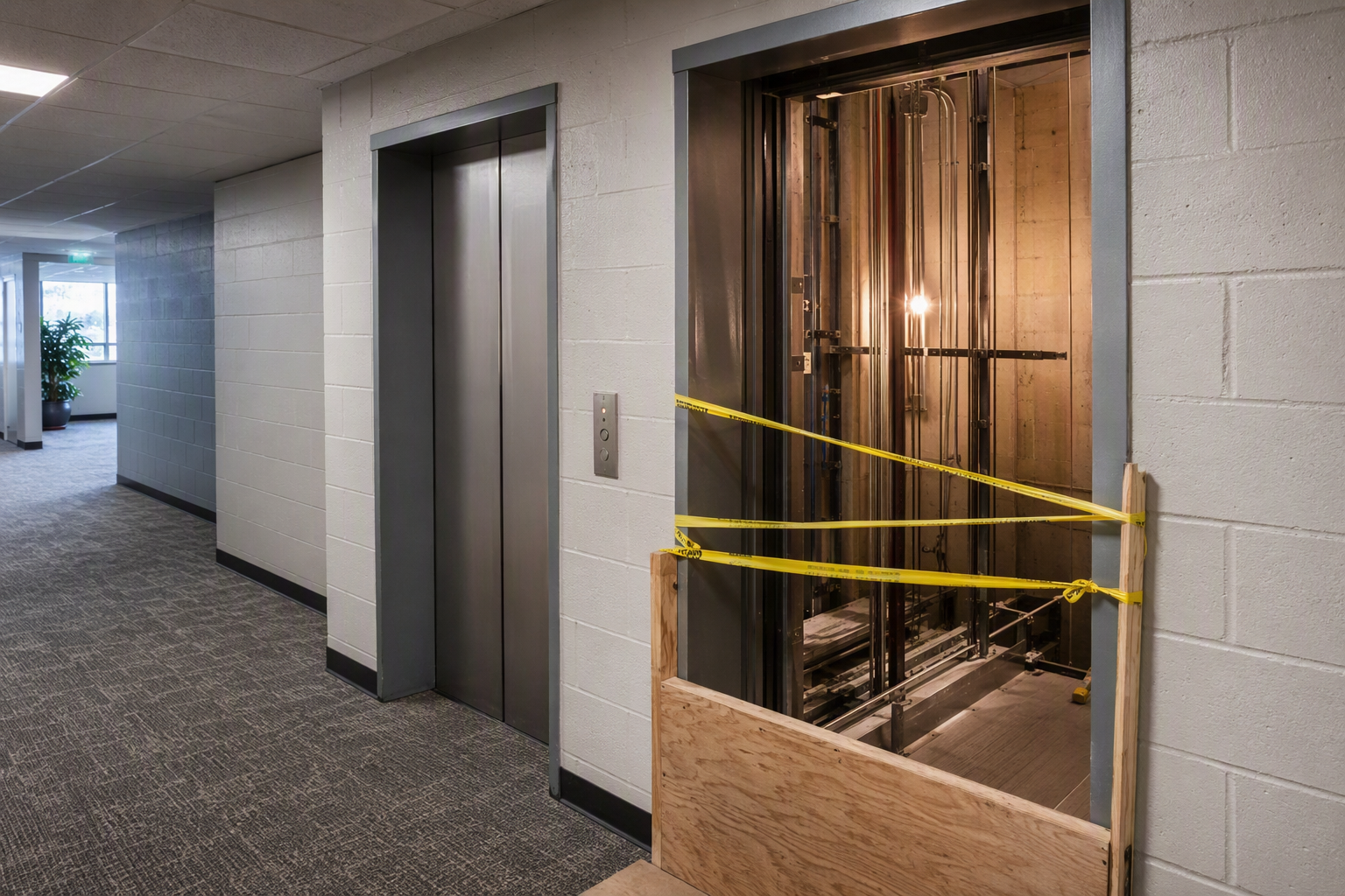 Elevator modernization in progress in a Long Beach mid-rise building, one elevator out of service behind caution tape while the adjacent cab remains operational for tenants.