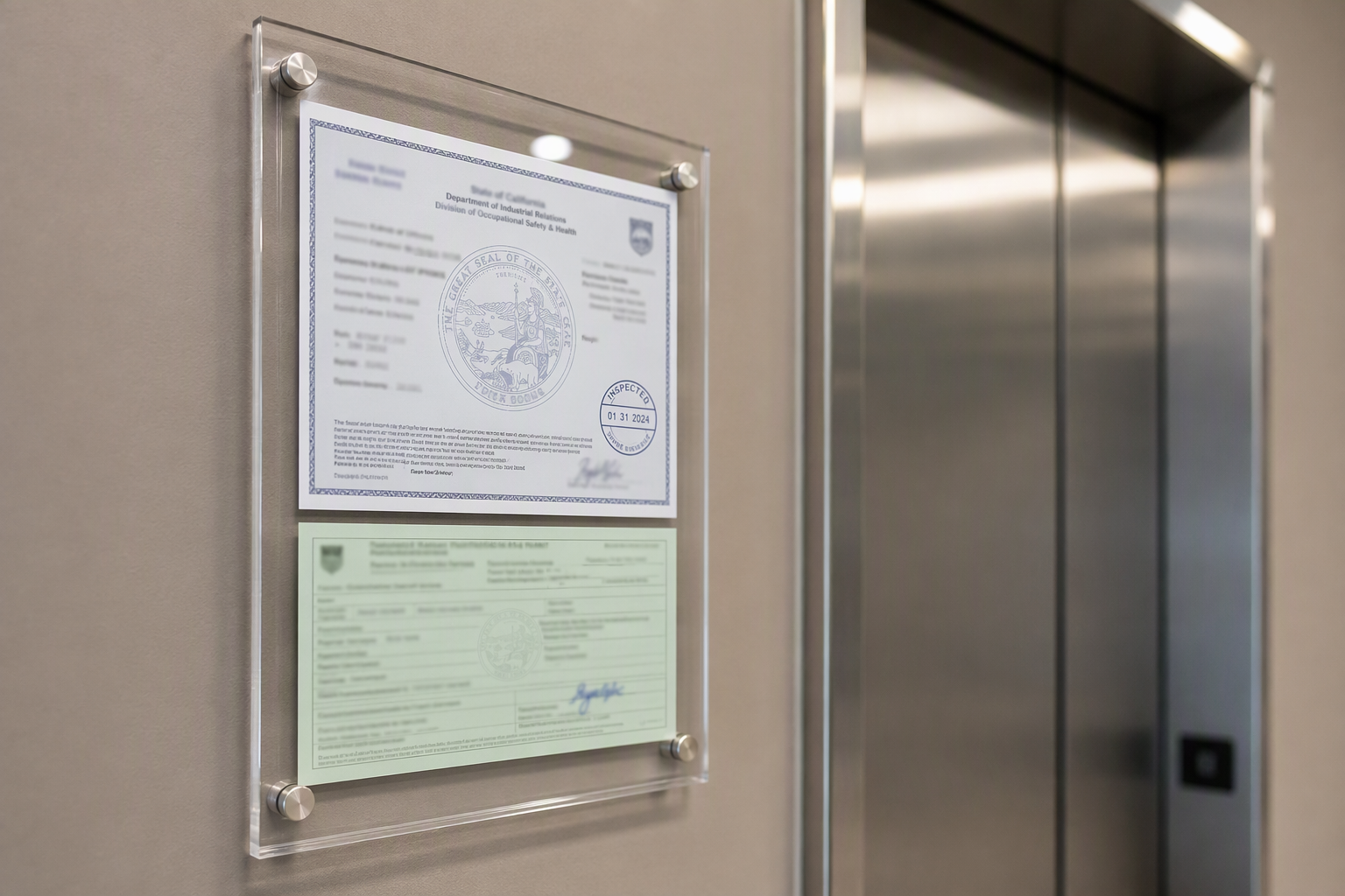 California elevator operating permit and inspection certificate mounted in a Signal Hill CA building lobby, representing AHJ approval after modernization