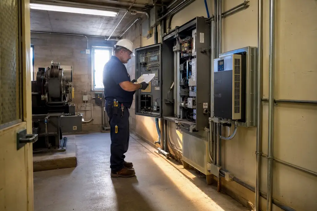 Elevator technician reviewing schematics beside a new controller cabinet during a modernization project in a Long Beach CA commercial building