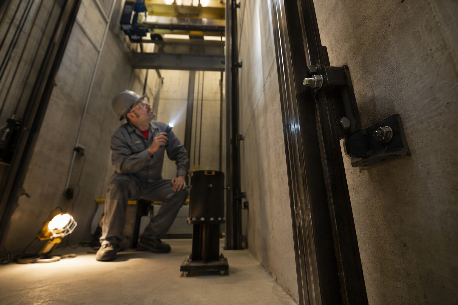 Hoistway Structural Assessment in the Pit Elevator technician inspecting hoistway pit structural condition and buffer assemblies to determine if the elevator qualifies for modernization in a California building.