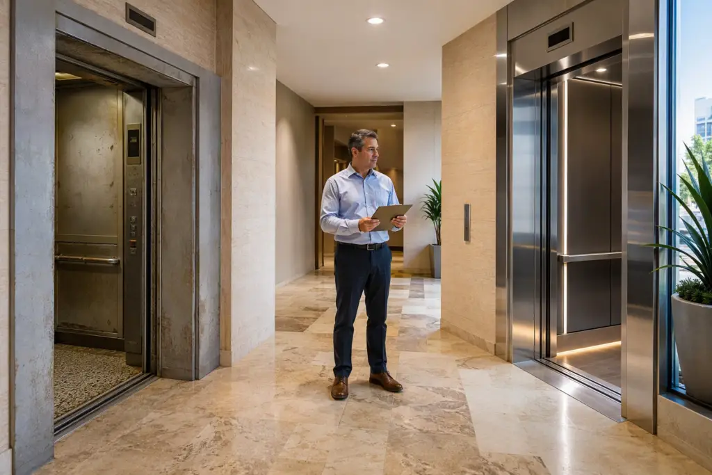 Building manager comparing an aging elevator cab to a modernized unit in a Long Beach CA commercial lobby, evaluating modernization vs full replacement options.