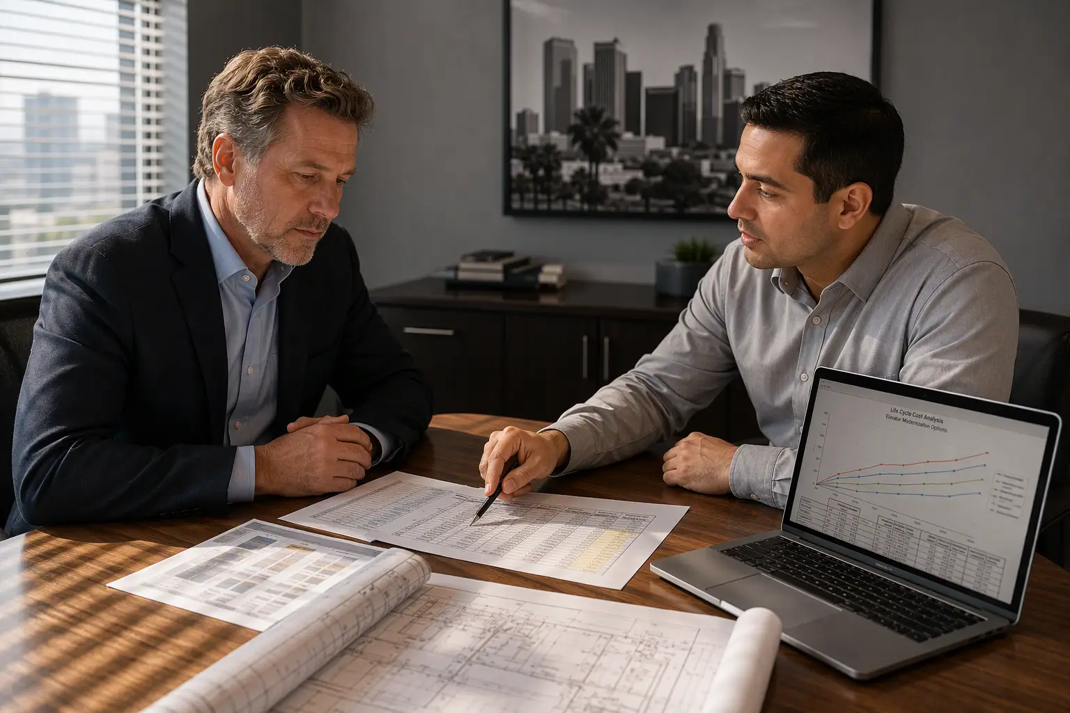 Lifecycle Cost Analysis: Modernization vs. Replacement Building manager and elevator consultant reviewing lifecycle cost analysis documents to compare elevator modernization versus full replacement investment in a Los Angeles office.