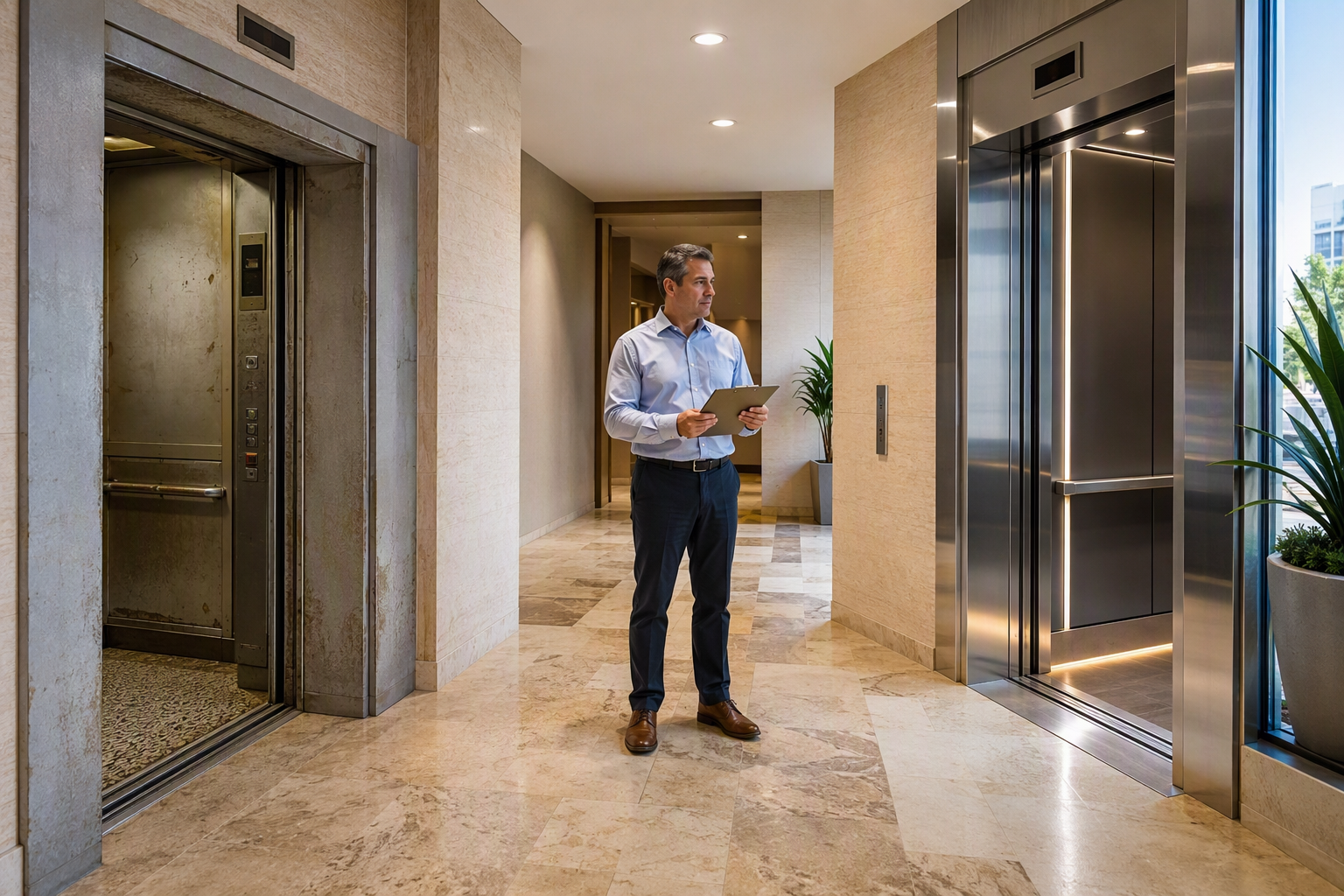 Modernization vs. Replacement: Side-by-Side Comparison Building manager comparing an aging elevator cab to a modernized unit in a Long Beach CA commercial lobby, evaluating modernization vs full replacement options.