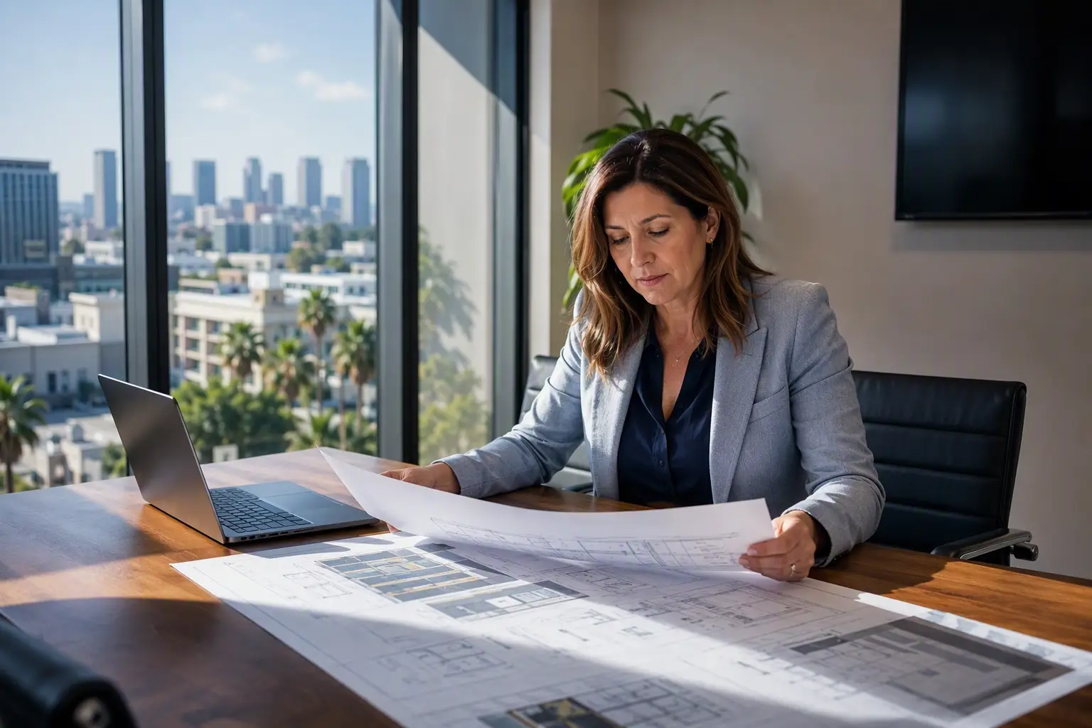 Building manager in Long Beach CA reviewing elevator upgrade plans and compliance documents before renewing a long-term healthcare commercial lease