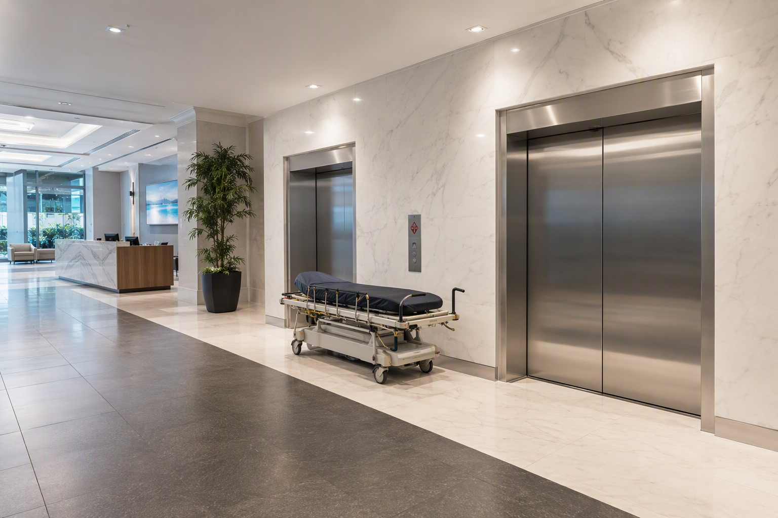 Modern healthcare building elevator bank in Southern California with stainless steel doors and wide corridor, ready for commercial lease compliance upgrades
