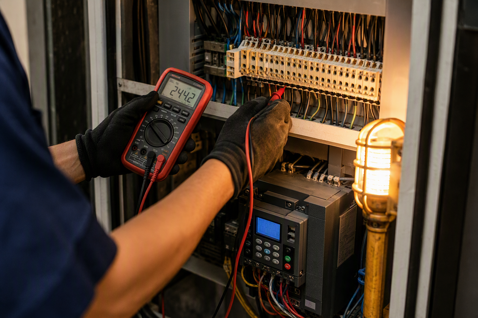 Machine-Room Controller Inspection — Healthcare Elevator Maintenance Elevator technician testing machine-room controller panel during healthcare facility preventive maintenance inspection in Orange County CA