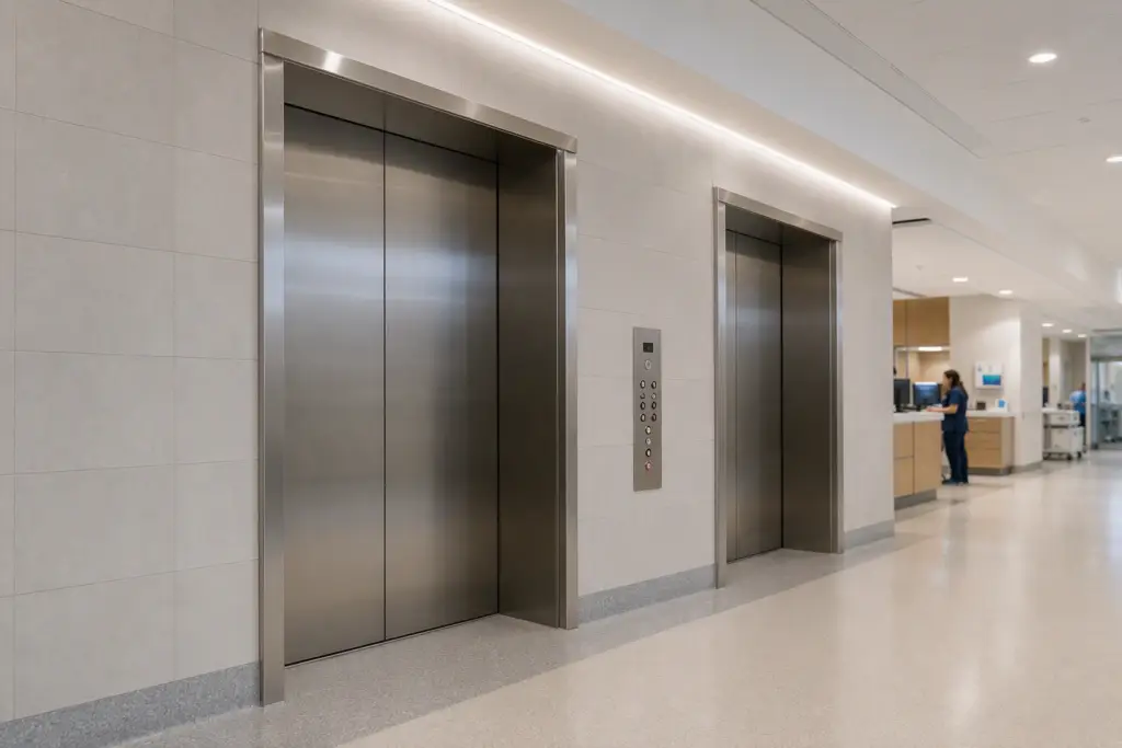 Wide view of hospital elevator lobby in Los Angeles healthcare facility showing stretcher-capable stainless-steel elevator doors and clinical lighting, 2026