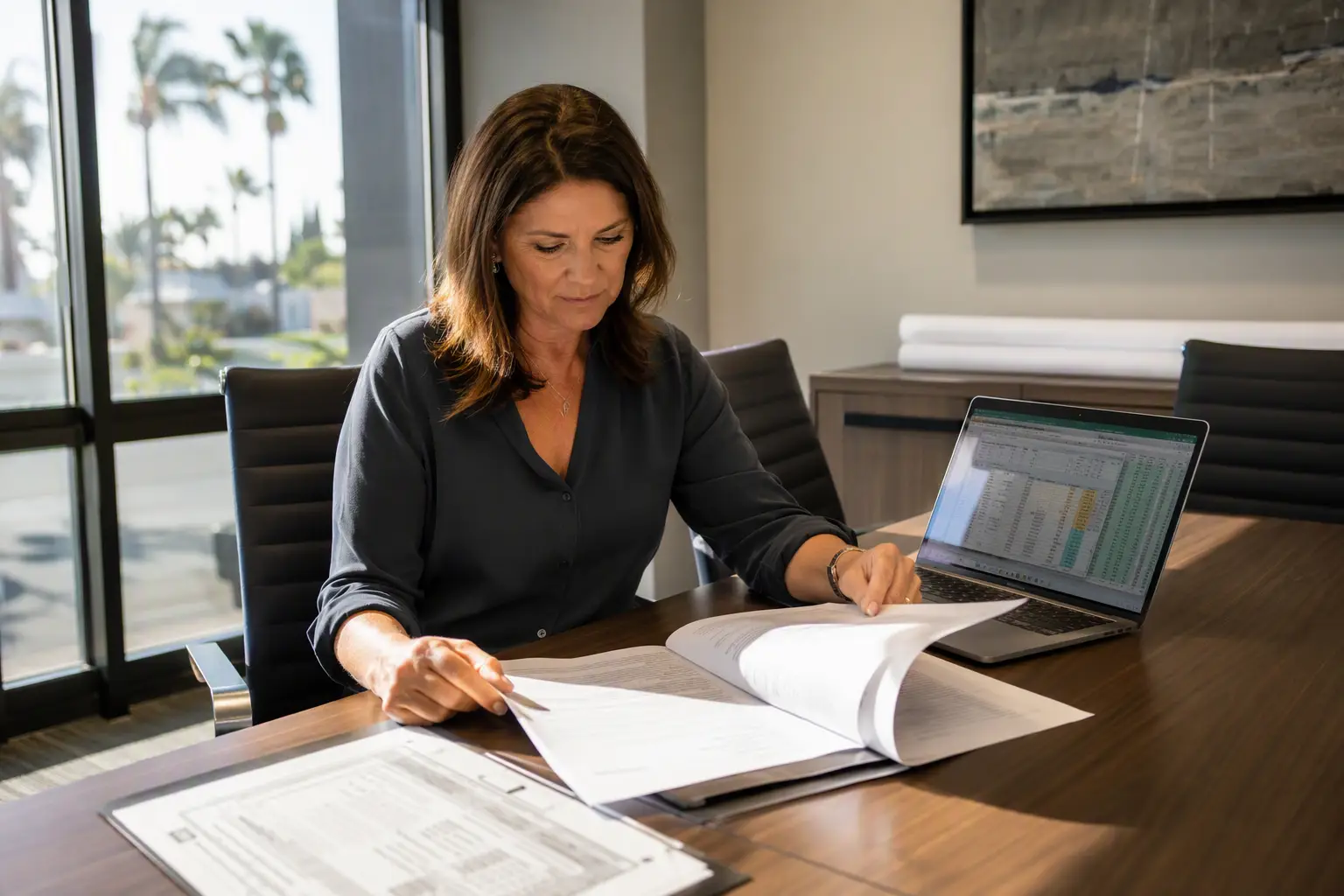Reviewing Elevator Compliance Costs — Healthcare Facilities Manager Healthcare facilities manager reviewing elevator maintenance contract and California inspection compliance certificate for 2026 budget planning in Los Angeles