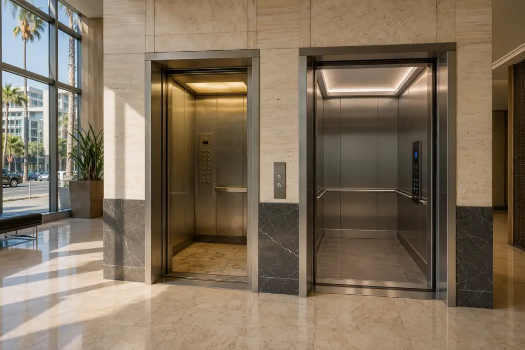 Side-by-side view of an aging 1980s elevator cab and a newly modernized cab in a Long Beach CA commercial building lobby, illustrating elevator repair vs modernization decision