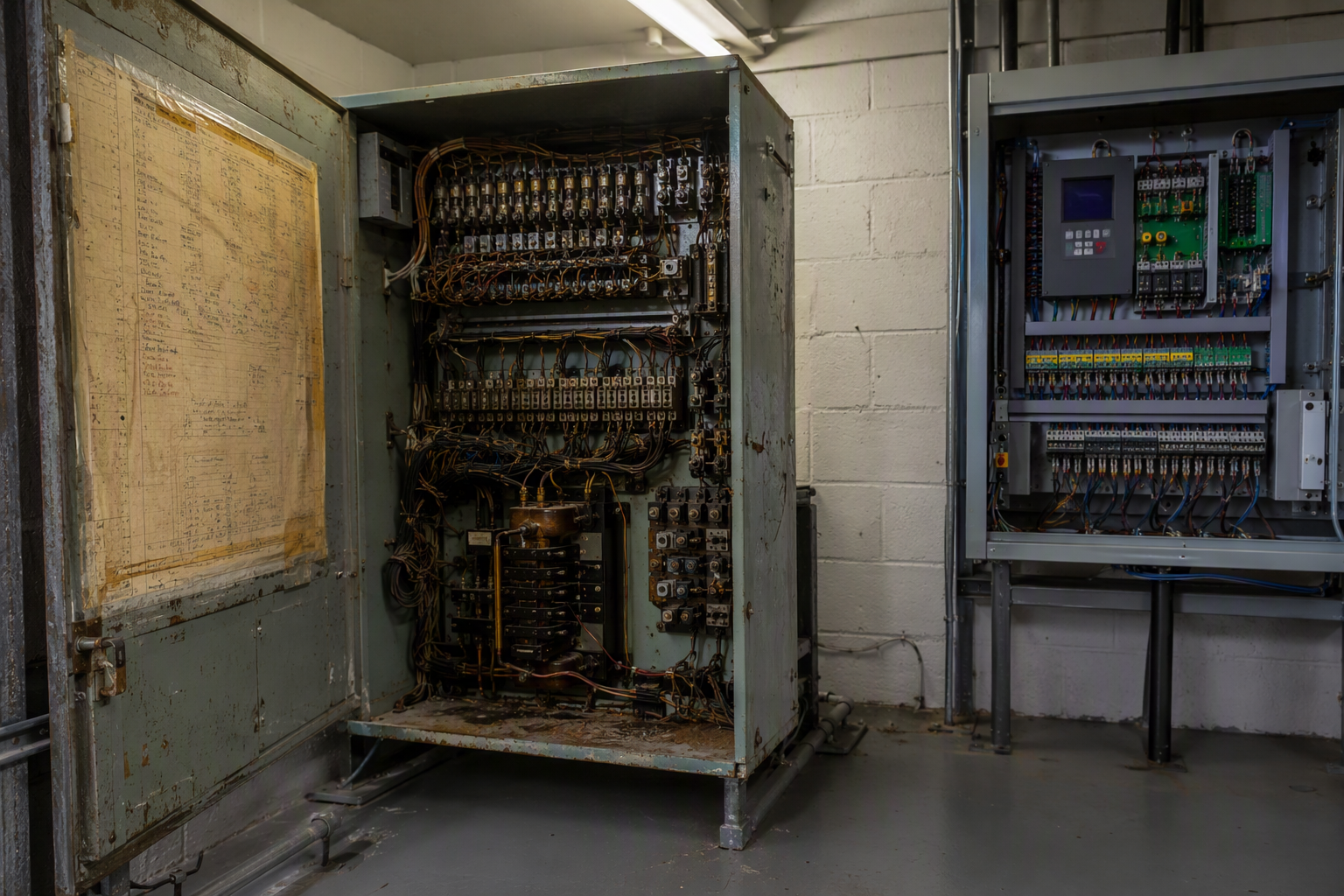 Aging relay-logic elevator controller cabinet next to a modern microprocessor controller in a Los Angeles commercial building machine room, showing why obsolete parts drive modernization decisions