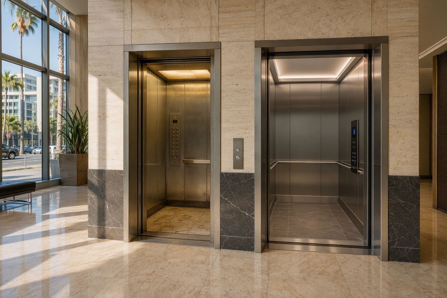 Side-by-side view of an aging 1980s elevator cab and a newly modernized cab in a Long Beach CA commercial building lobby, illustrating elevator repair vs modernization decision
