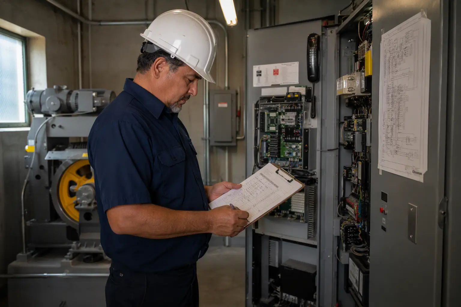 Elevator mechanic reviewing a post-earthquake inspection checklist in a Los Angeles office building machine room before clearing the elevator for return to service