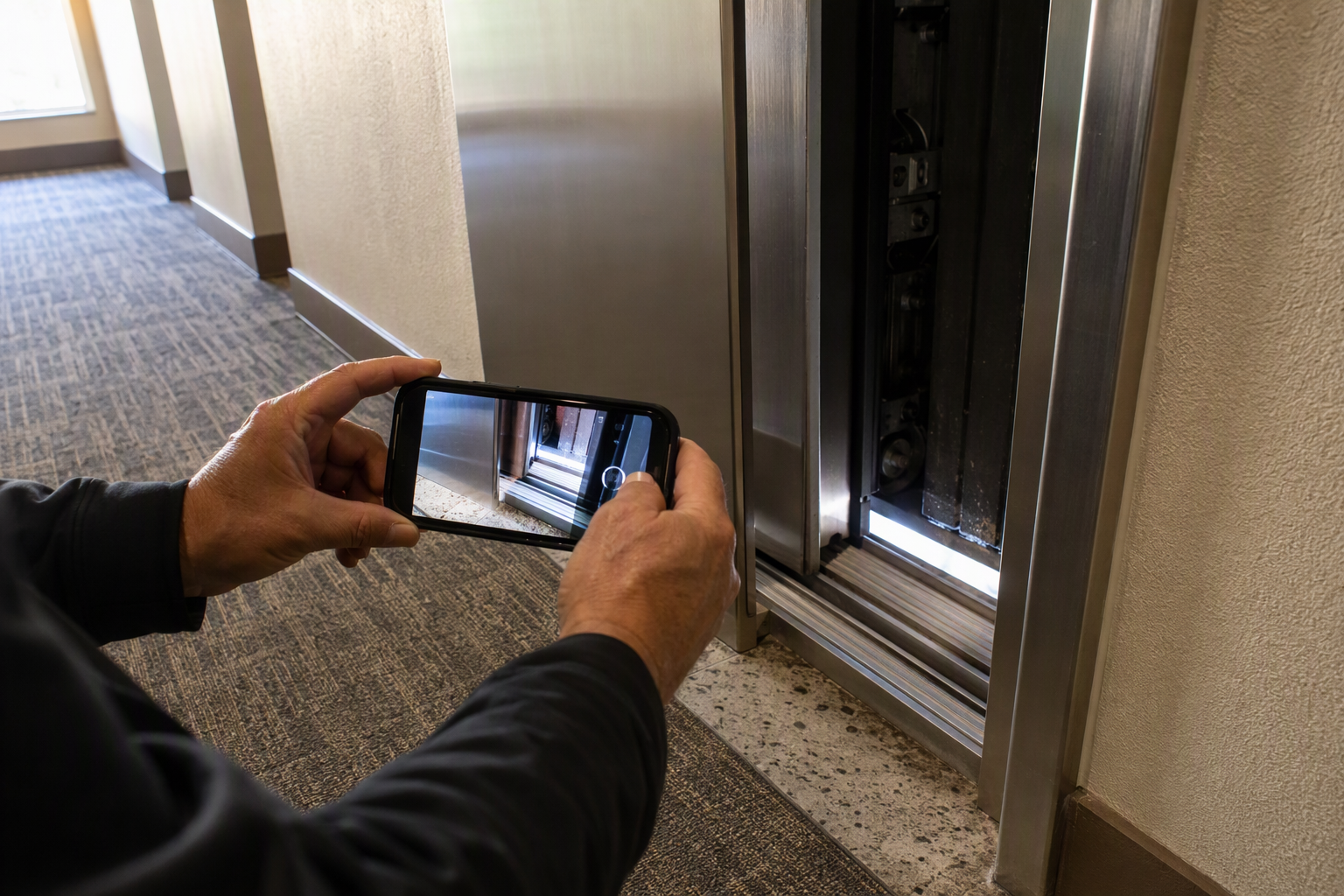 Building manager filming a malfunctioning elevator door that has stopped mid-travel with smartphone to document symptoms before calling an elevator service company in Signal Hill CA