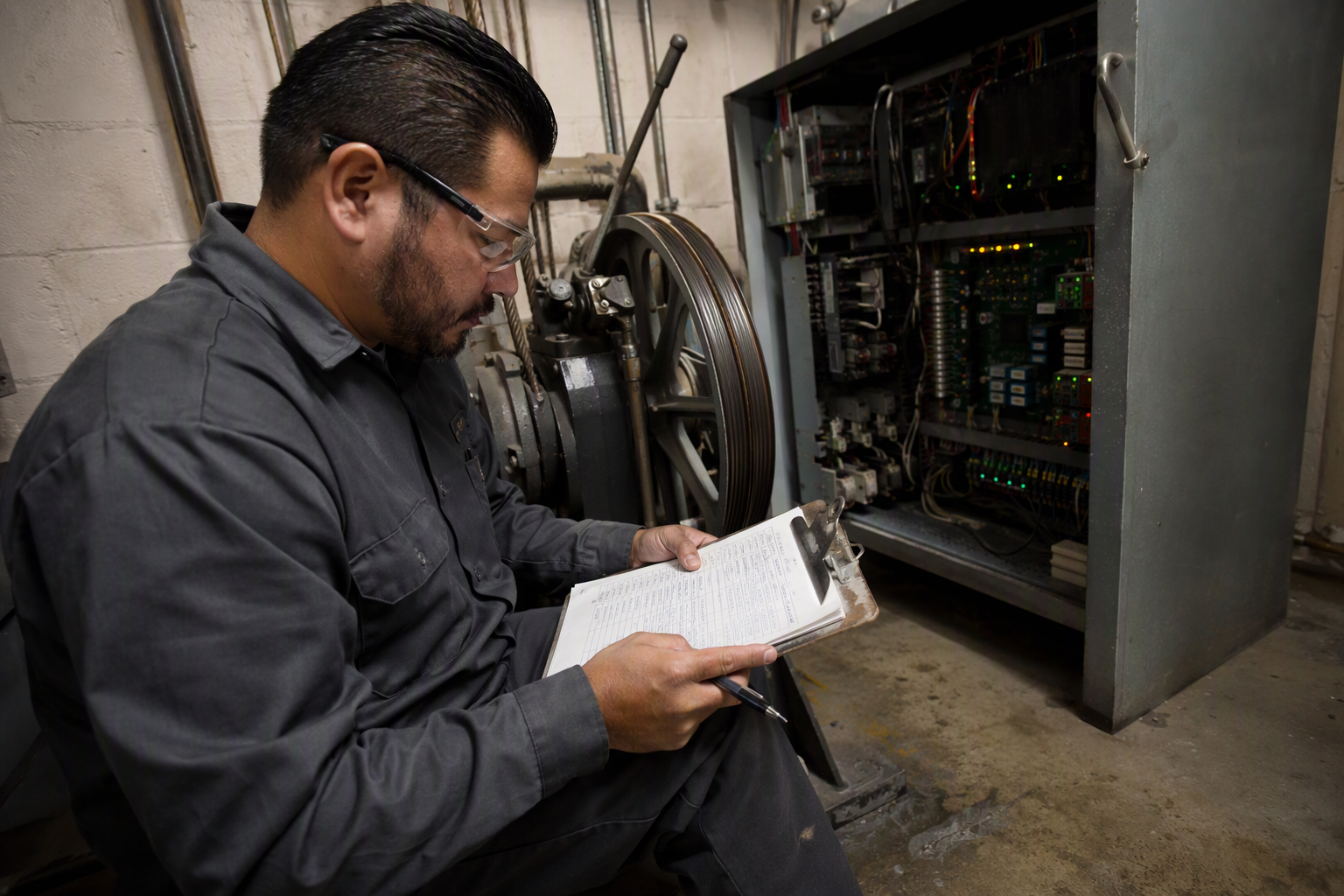 Licensed elevator technician reviewing a maintenance log inside a Los Angeles building machine room next to an open controller cabinet and traction drive equipment during an unscheduled service call