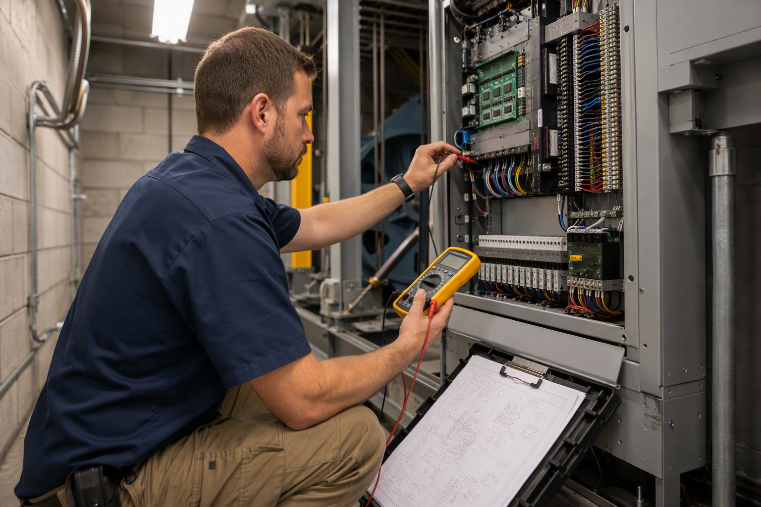 Licensed elevator technician diagnosing controller faults in a California machine room after a failed inspection, a required step before scheduling a re-inspection with the AHJ in Los Angeles or Long 