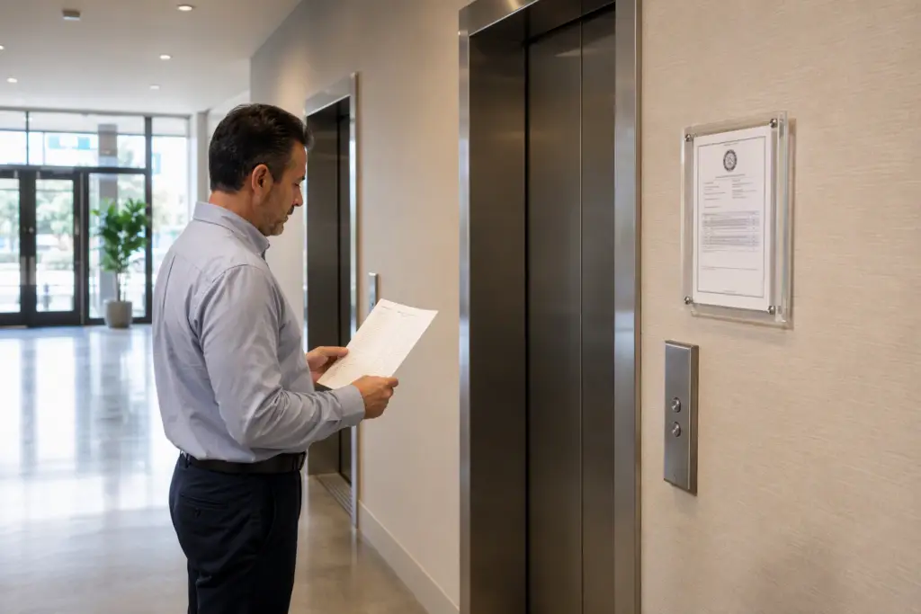 Building manager reviewing an elevator inspection report beside a Certificate of Compliance mounted in a Long Beach commercial lobby, illustrating the renewal process after a failed inspection.