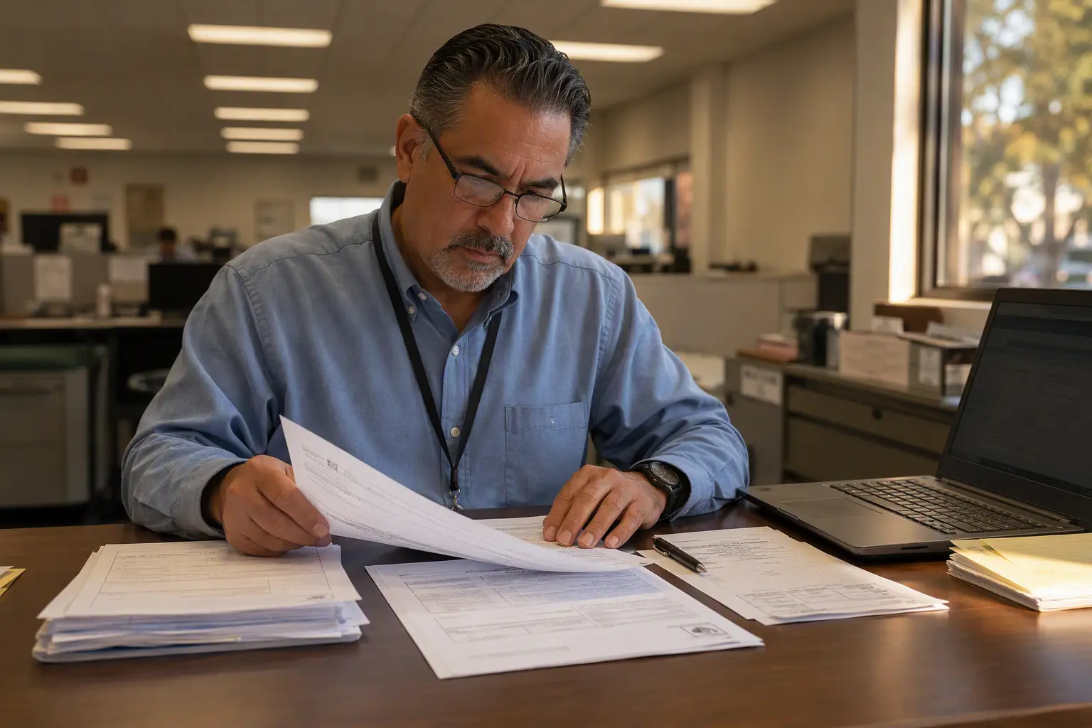 Elevator inspector reviewing a re-inspection request packet with completed repair documentation at a Los Angeles or Long Beach permit office, the final administrative step before a Certificate of Comp