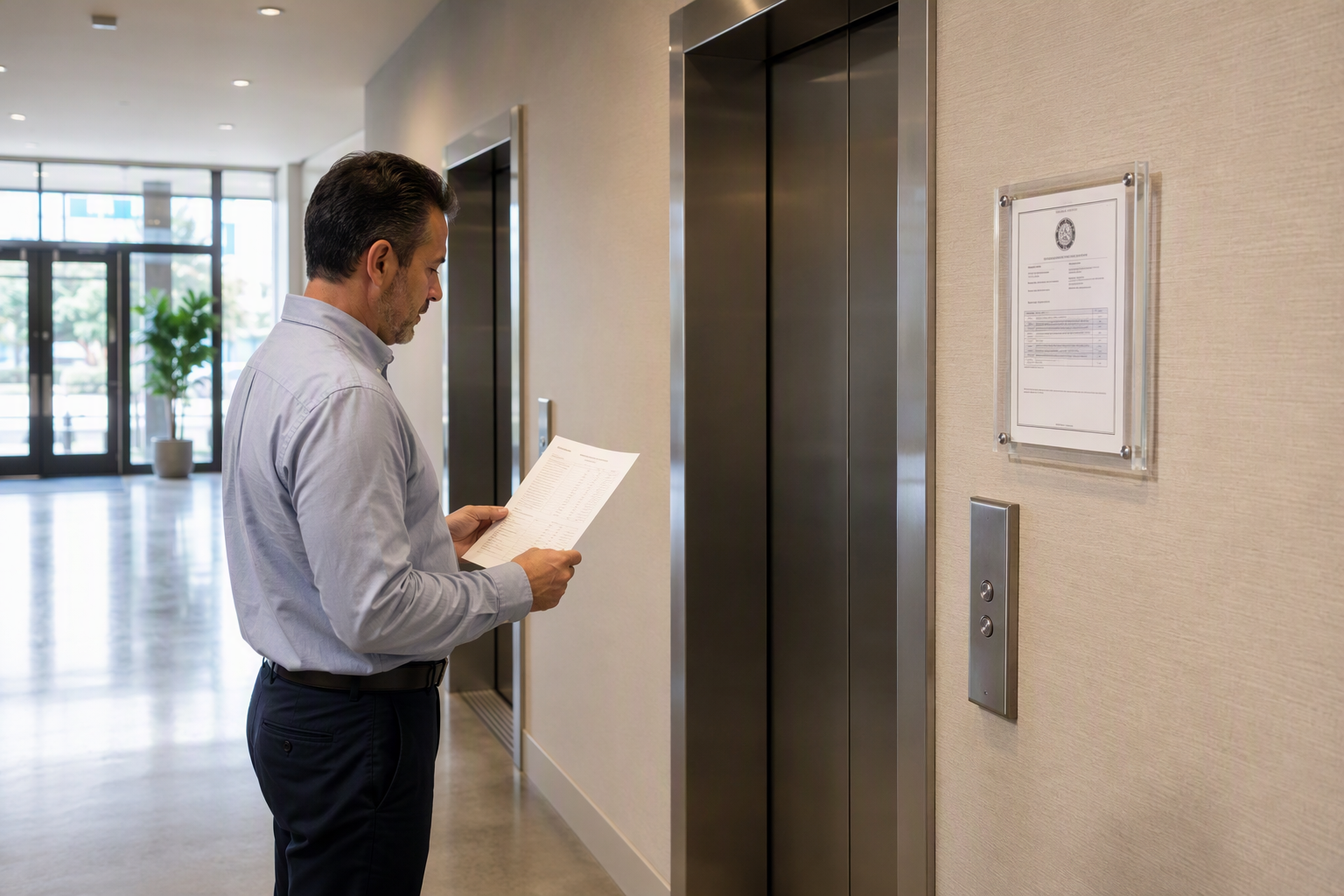 Building manager reviewing an elevator inspection report beside a Certificate of Compliance mounted in a Long Beach commercial lobby, illustrating the renewal process after a failed inspection.