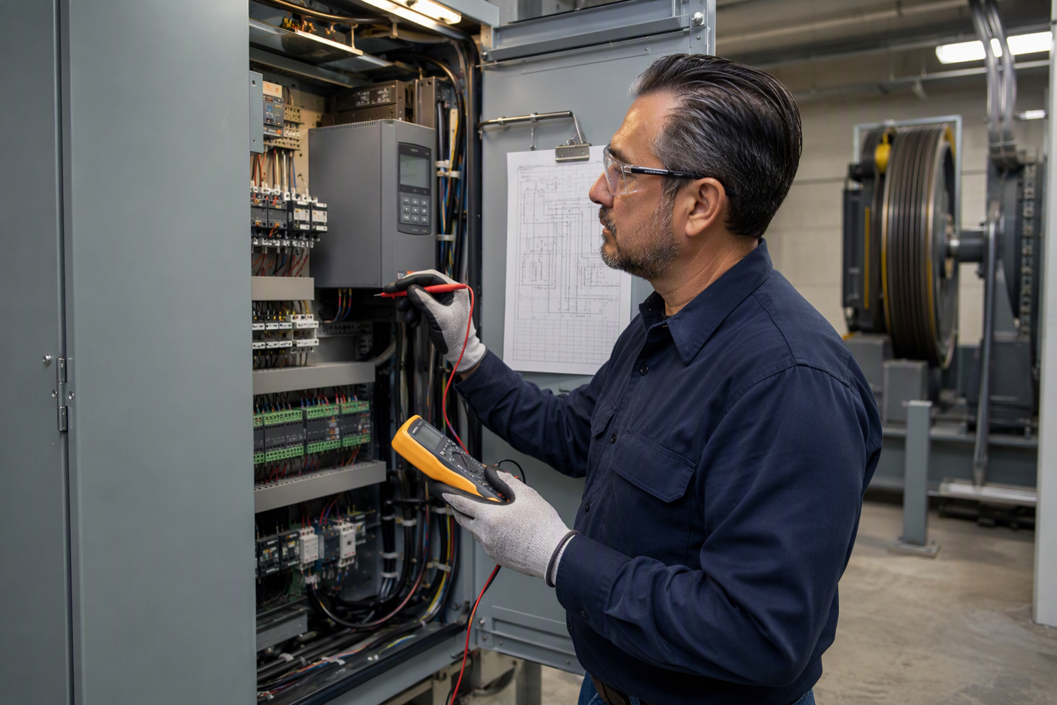 Full Maintenance Contract: Machine Room Service Elevator technician performing preventive maintenance inside a machine room under a full maintenance elevator contract, testing controller components with a multimeter in Long Beach CA.