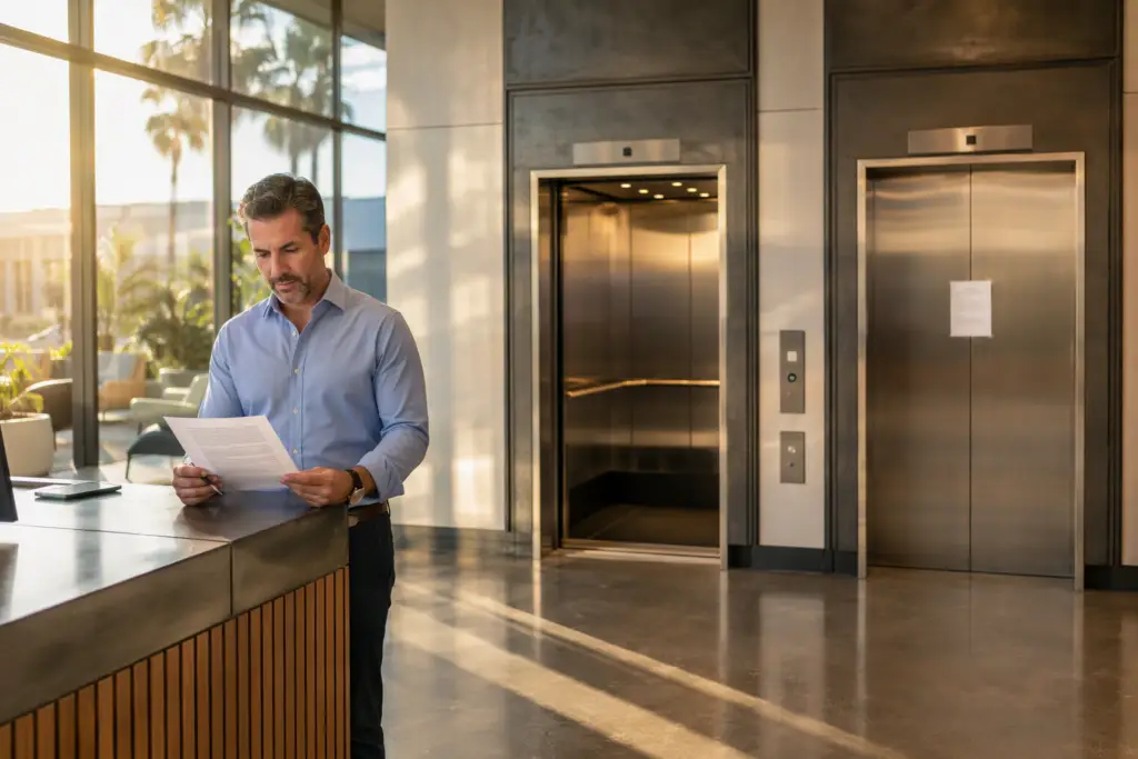 Building property manager reviewing full maintenance vs parts and labor elevator service contract documents in a Southern California commercial lobby with two elevator bays visible.