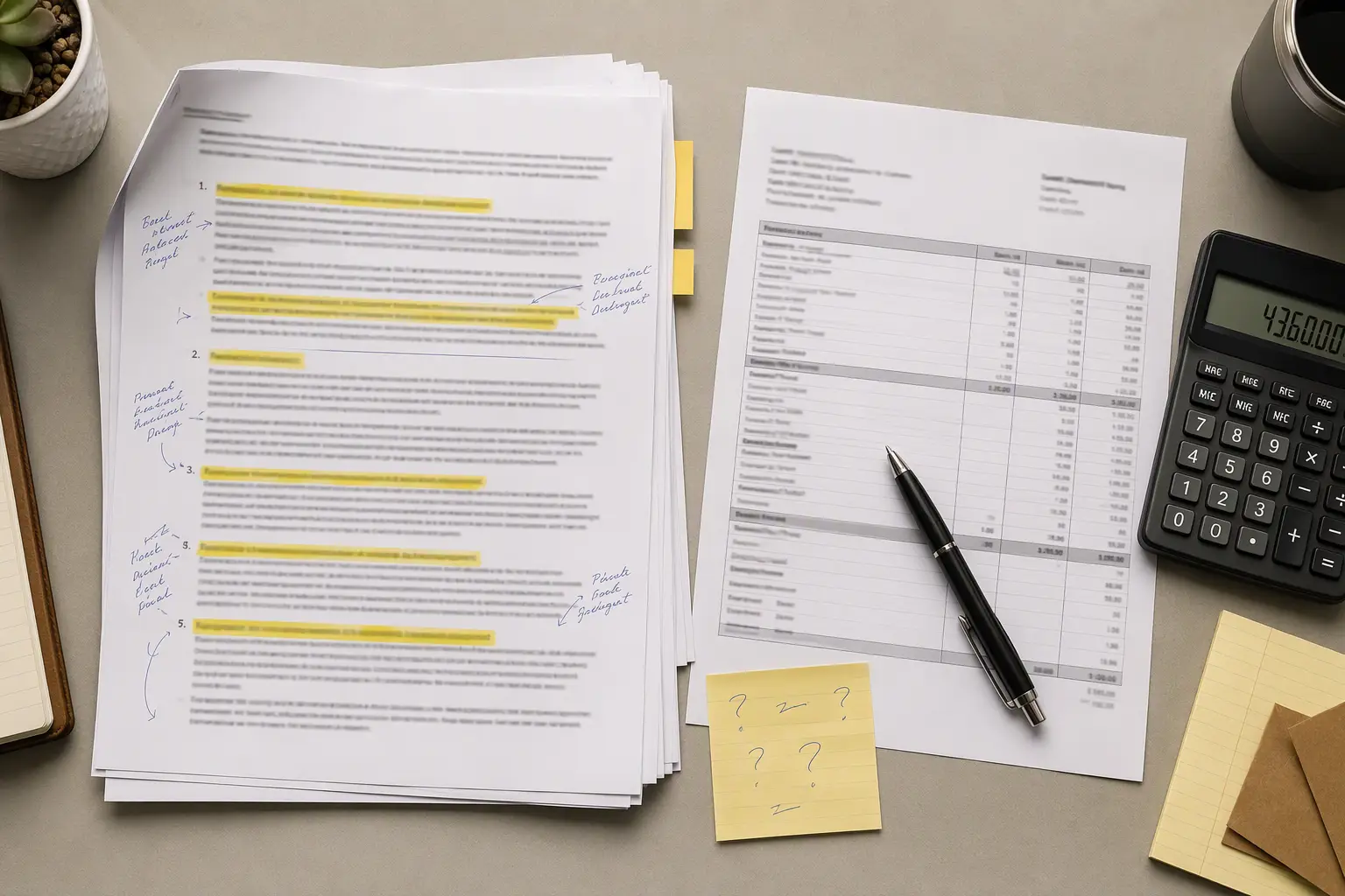 Full Maintenance vs. Parts and Labor: Contract Comparison Side-by-side comparison of a full maintenance elevator contract and a parts and labor repair invoice on a property manager's desk, illustrating the cost difference between contract types.