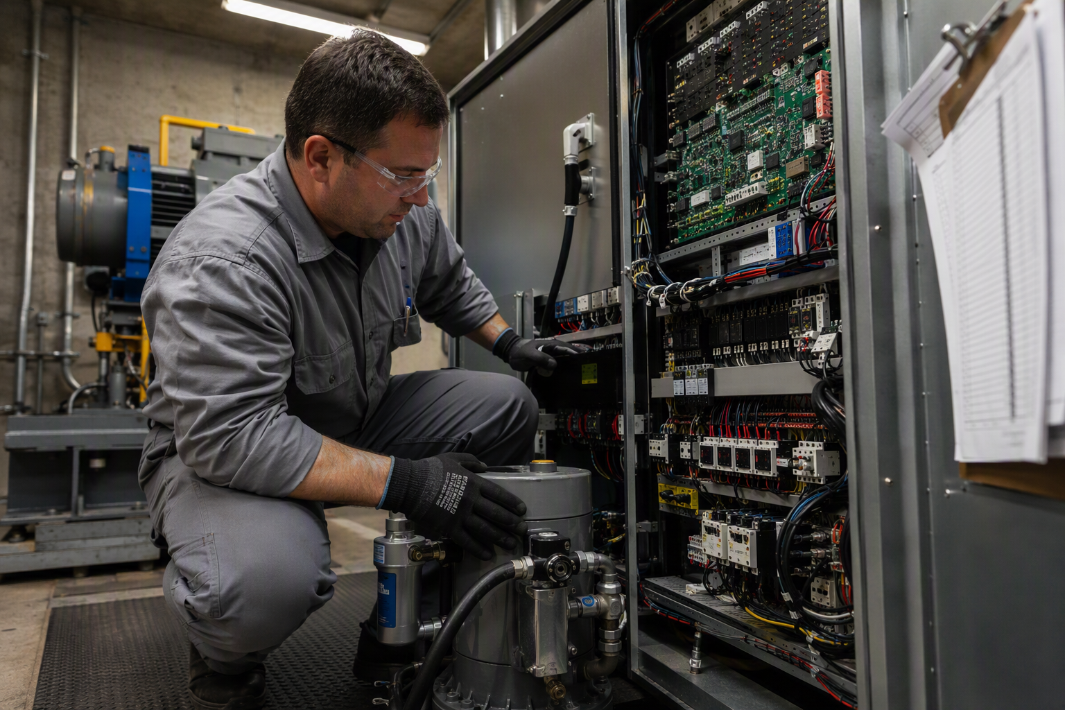 Machine-Room Equipment Covered Under Full-Service Contracts Elevator technician inspecting a traction machine controller in a commercial building machine room, illustrating full-service elevator maintenance contract coverage in Los Angeles CA