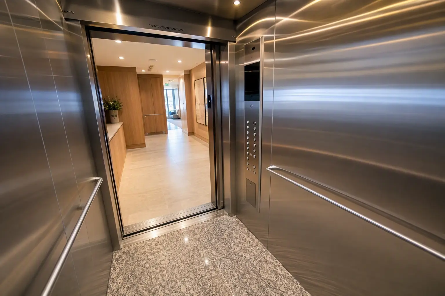 Newer Elevator Cabs and Parts-and-Labor Contract Suitability Modern elevator cab interior in a newer Orange County CA residential building, representing buildings where a parts-and-labor elevator maintenance contract may offer cost-effective coverage