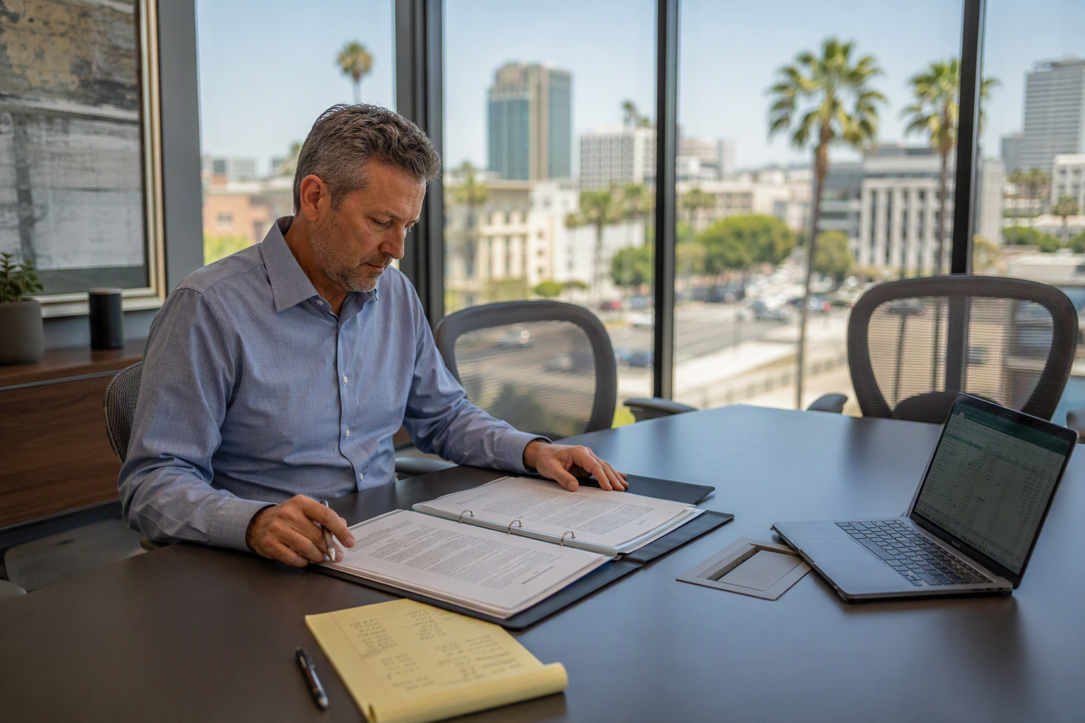 Choosing the Right Elevator Maintenance Contract Building manager comparing a full-service elevator maintenance contract and a parts-and-labor contract at a desk in a Long Beach CA commercial office