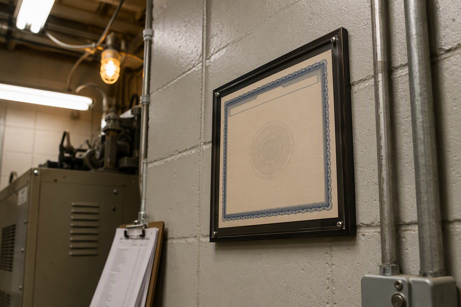 Cal/OSHA Permit to Operate posted in a hospital elevator machine room in California, required for all healthcare facility elevators in Los Angeles and Orange County