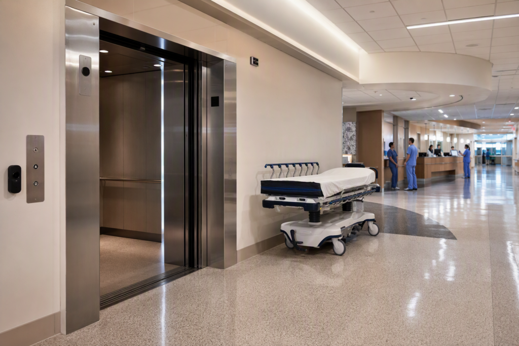 Hospital elevator bank in a Los Angeles area healthcare facility showing wide ADA-compliant doors and stretcher-accessible cab required under California elevator inspection requirements