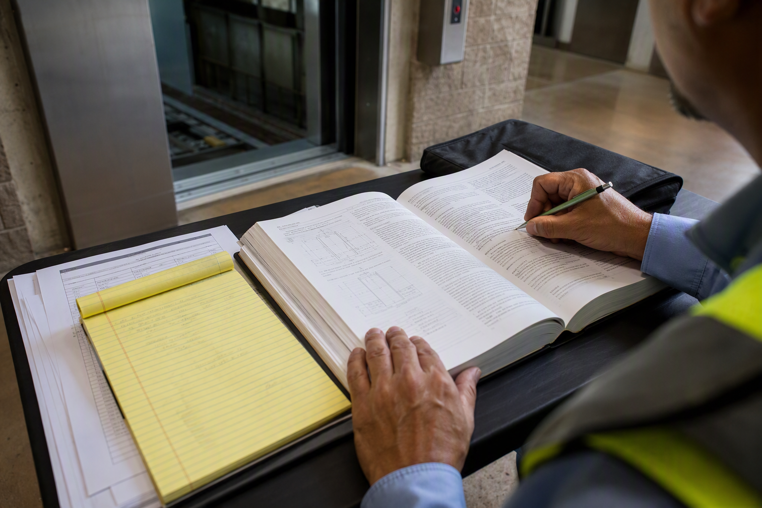 Elevator inspector reviewing ASME A17.3 compliance documentation for existing hospital elevators in a Los Angeles or Orange County healthcare facility
