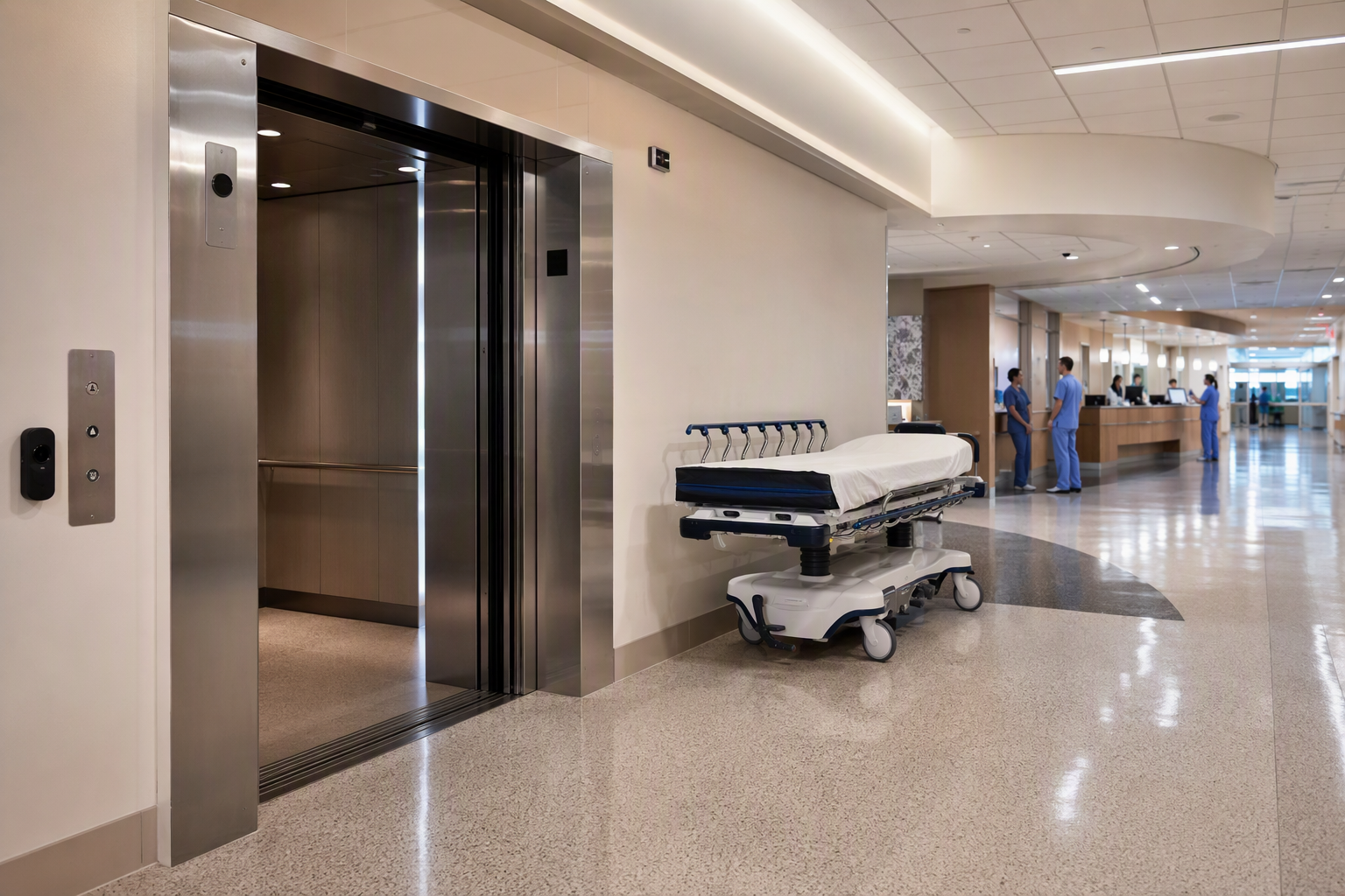 Hospital elevator bank in a Los Angeles area healthcare facility showing wide ADA-compliant doors and stretcher-accessible cab required under California elevator inspection requirements