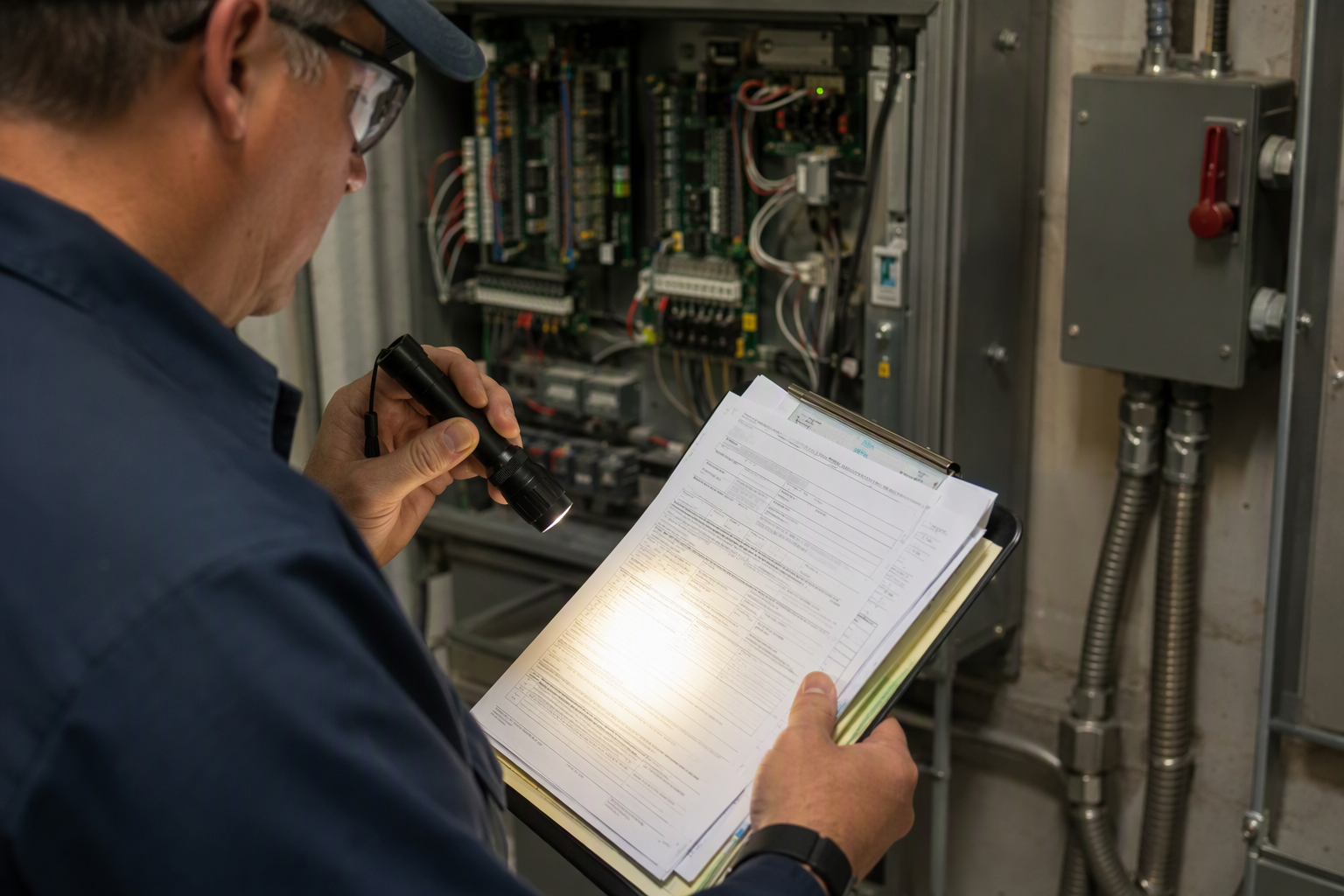Cal/OSHA Elevator Inspection Documentation Review Elevator inspector reviewing California Title 8 compliance documentation and permit paperwork beside a traction elevator controller in a Los Angeles hotel machine room