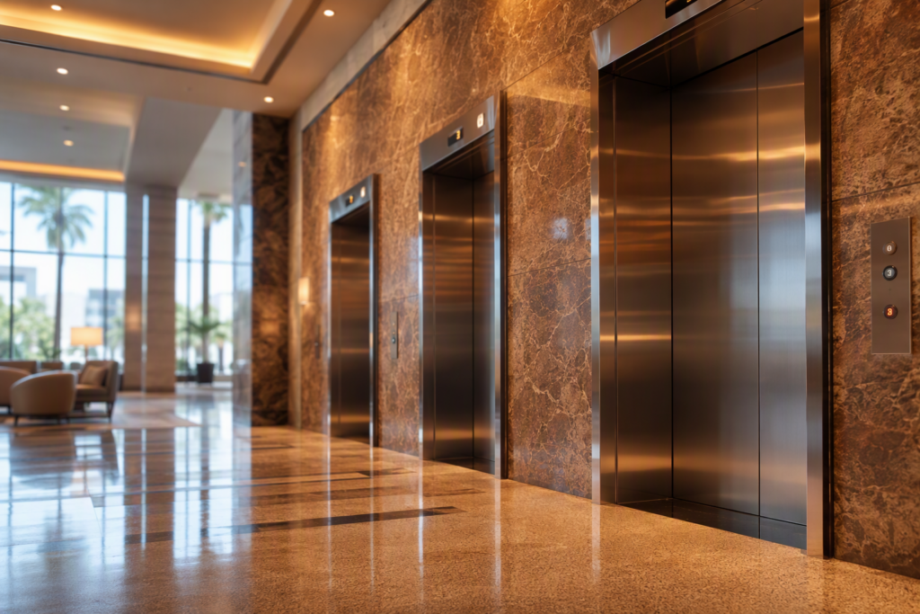 Hotel elevator bank in a Los Angeles hospitality building showing stainless-steel cab doors, call buttons, and floor indicators subject to California Title 8 inspection requirements