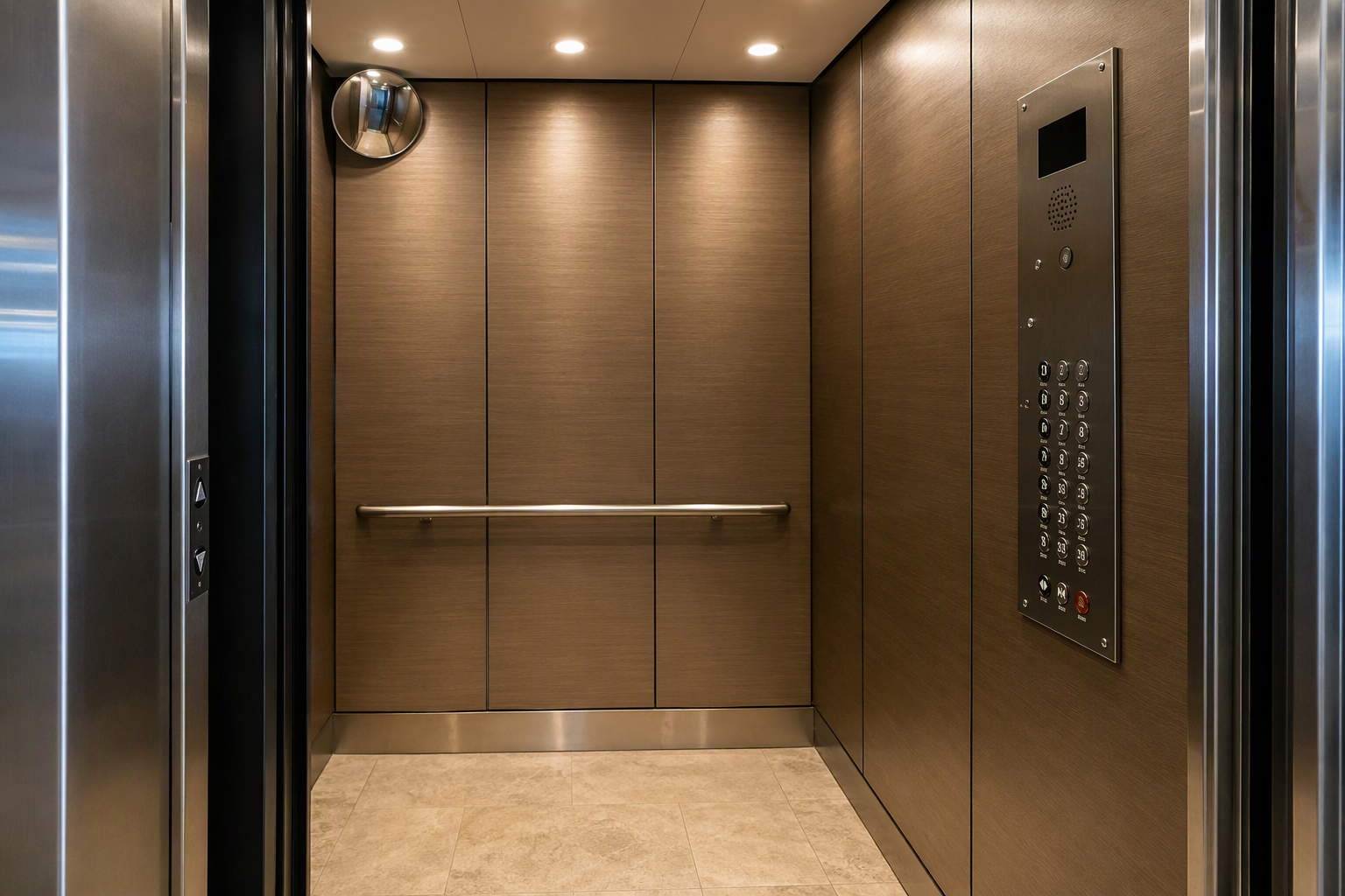 ADA-Compliant Hotel Elevator Cab Interior ADA-compliant hotel elevator cab interior in Long Beach showing Braille control panel, handrail, and accessibility features required under federal ADA standards and California Building Code