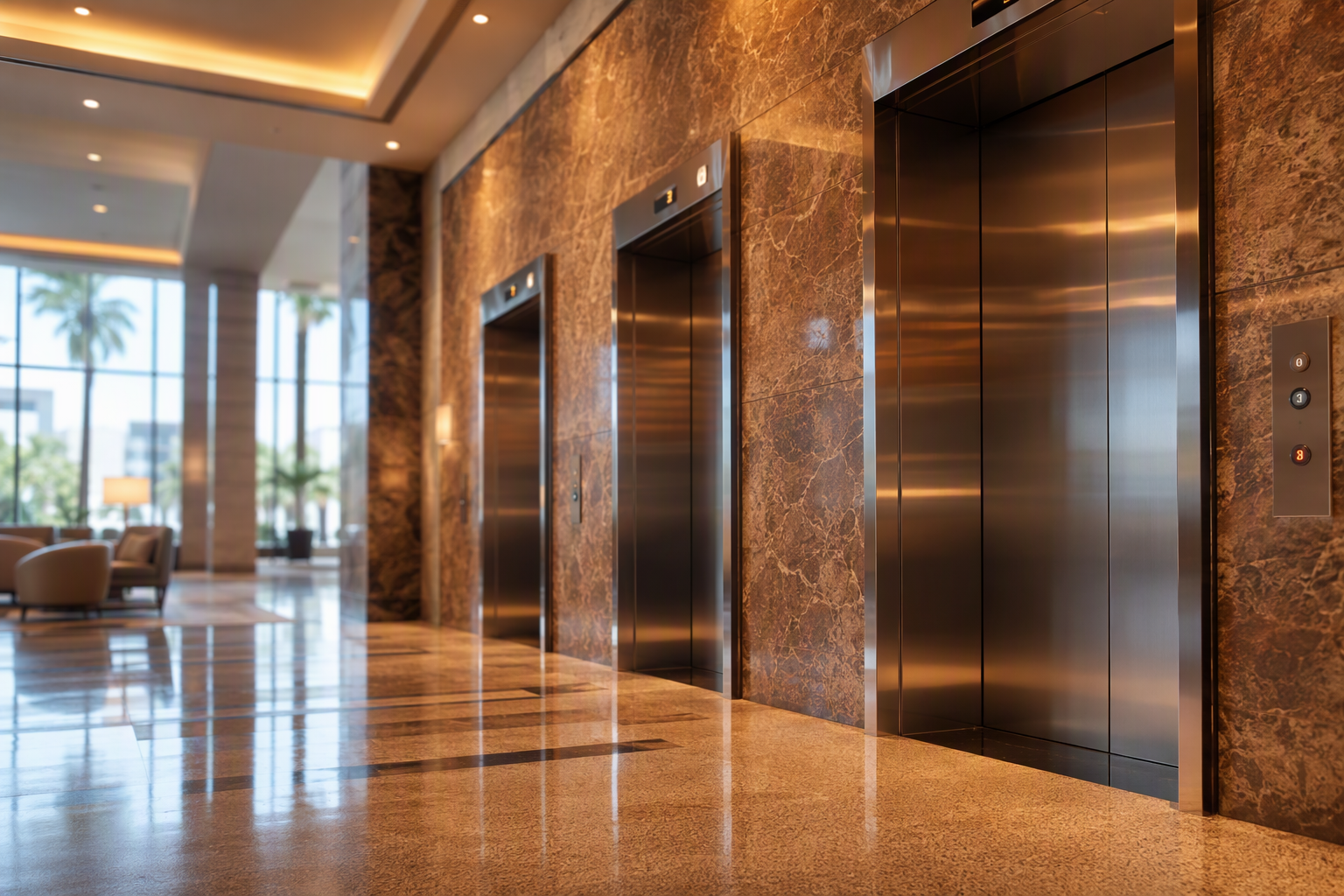 Hotel Elevator Bank — Los Angeles Hospitality Building Hotel elevator bank in a Los Angeles hospitality building showing stainless-steel cab doors, call buttons, and floor indicators subject to California Title 8 inspection requirements