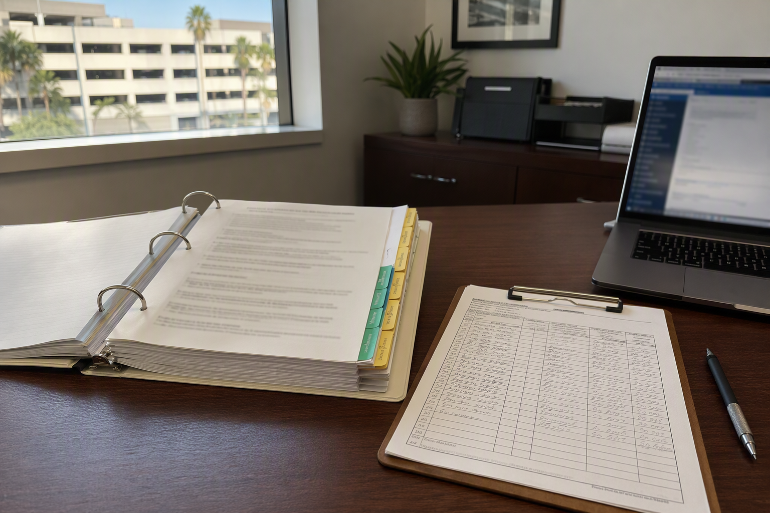 Hotel building manager's desk with Cal/OSHA elevator compliance binder and ASME A17.1 maintenance log documents, representing inspection regulatory requirements for Los Angeles and Orange County hotel