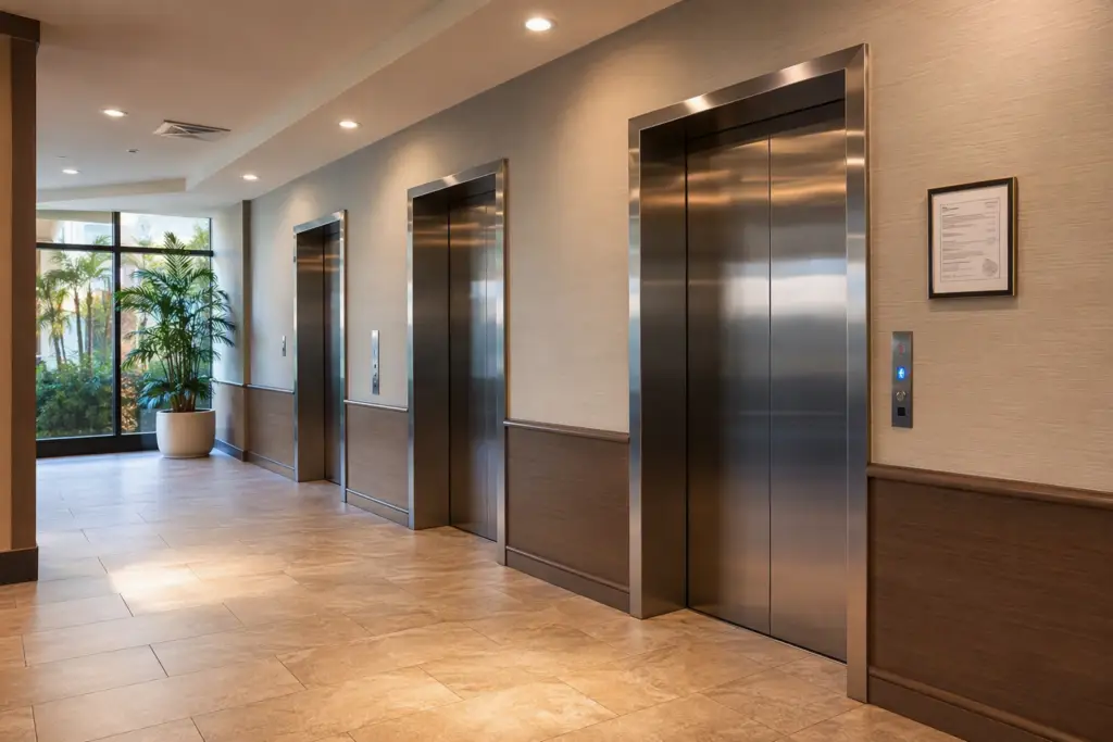 Hotel elevator bank in a Los Angeles area property showing three stainless-steel cab doors and a Cal/OSHA Certificate of Inspection mounted on the wall beside the nearest unit.
