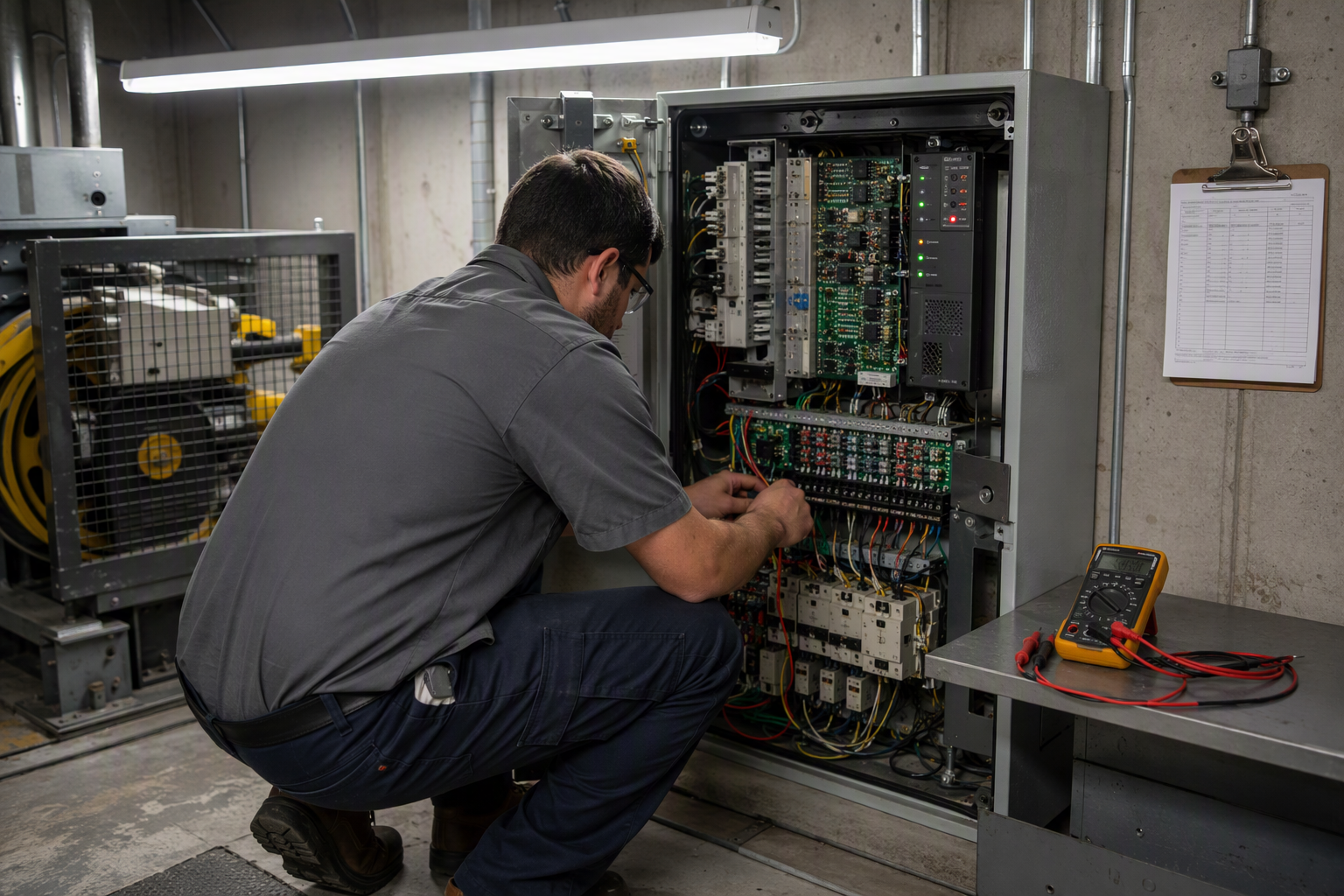 Elevator mechanic performing preventive maintenance on a hotel elevator controller in a machine room, fulfilling ASME A17.1 routine maintenance requirements for Los Angeles and Orange County hotel ele